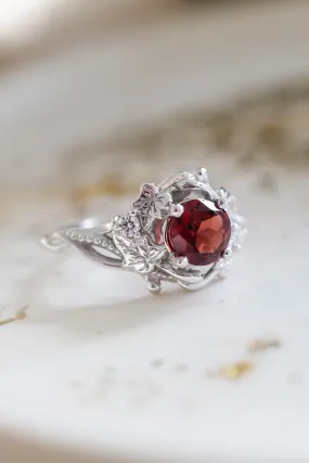 Natural garnet ivy leaves engagement ring, red gemstone ring / Ivy Undina