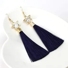 Navy Tassel Earrings with Gold Star and Crystal