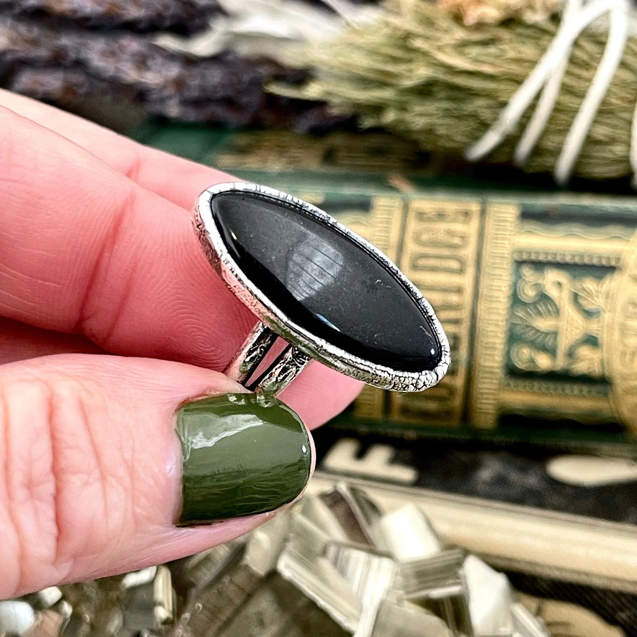 Oval Black Onyx Stone Ring in Fine Silver Size 6 7 8 9 / Foxlark Collection