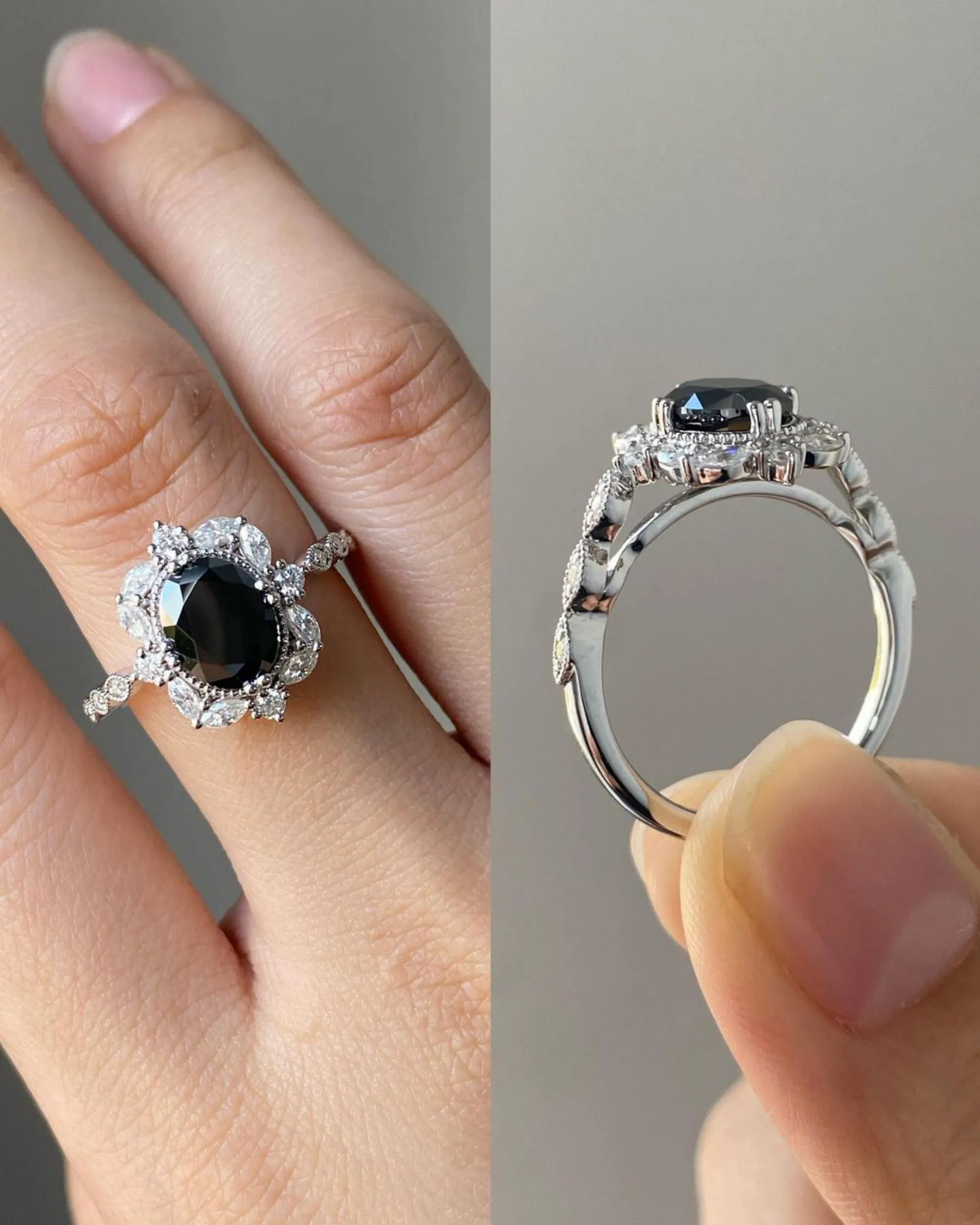 Oval cut Vintage Black Onyx engagement ring