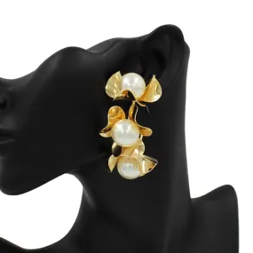 Pearl Accented Triple Metal Flower Hoop Earrings