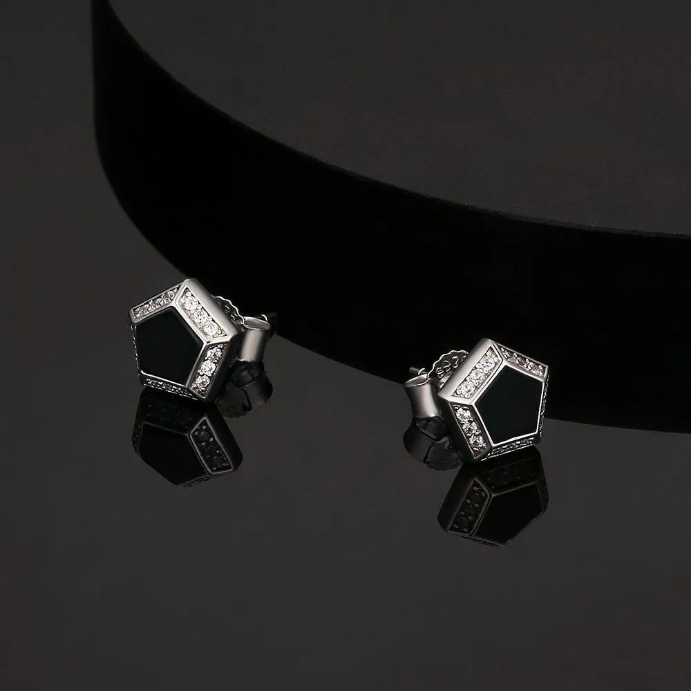 Pentagon Black Diamond Stud Earrings for Men KRKC