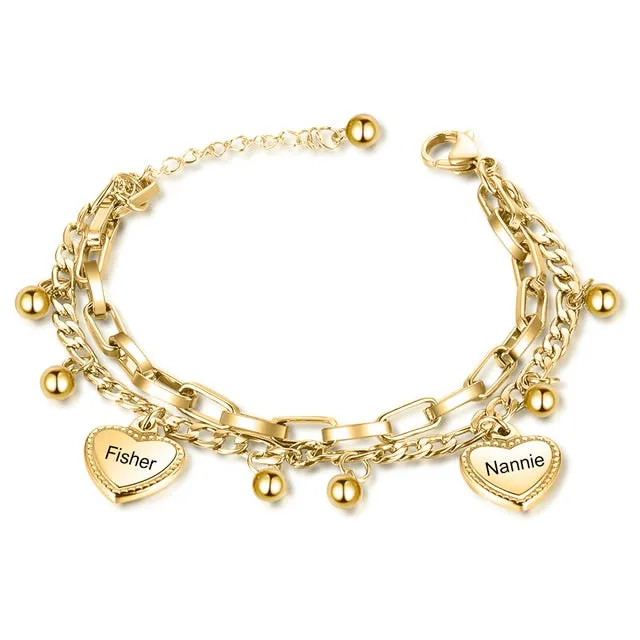 Personalized Beads & Heart Charm Bracelet Customize Name Double Chain Bracelets for Women Stainless Steel Jewelry Gift