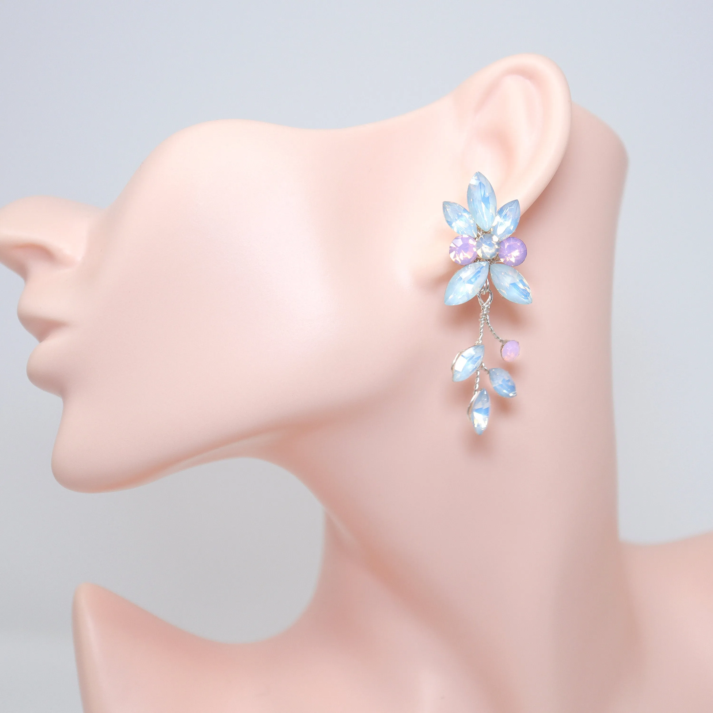 Pink and Blue Opal Vine Leaves Earrings, Long Bridal, Bridal Earrings, Boho Earring Statement Earrings