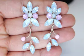 Pink and Blue Opal Vine Leaves Earrings, Long Bridal, Bridal Earrings, Boho Earring Statement Earrings