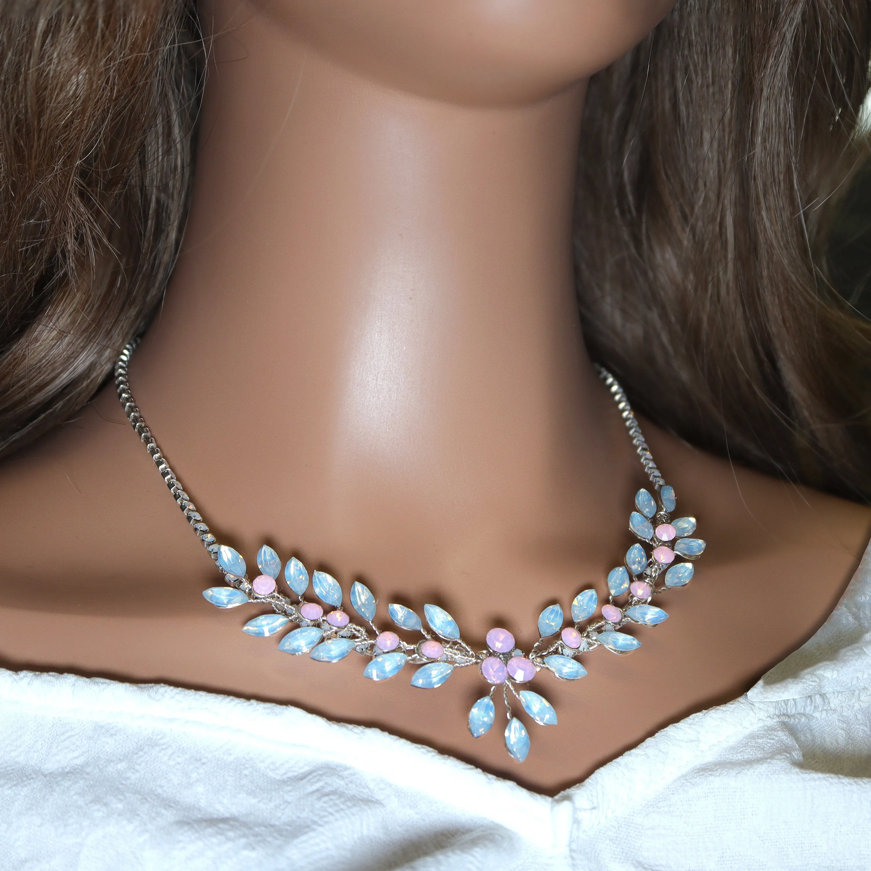 Pink and Blue Opal Vine Leaves Necklace set , Long Bridal Jewelry Crystal Necklace Bridal Earrings Statement Earrings