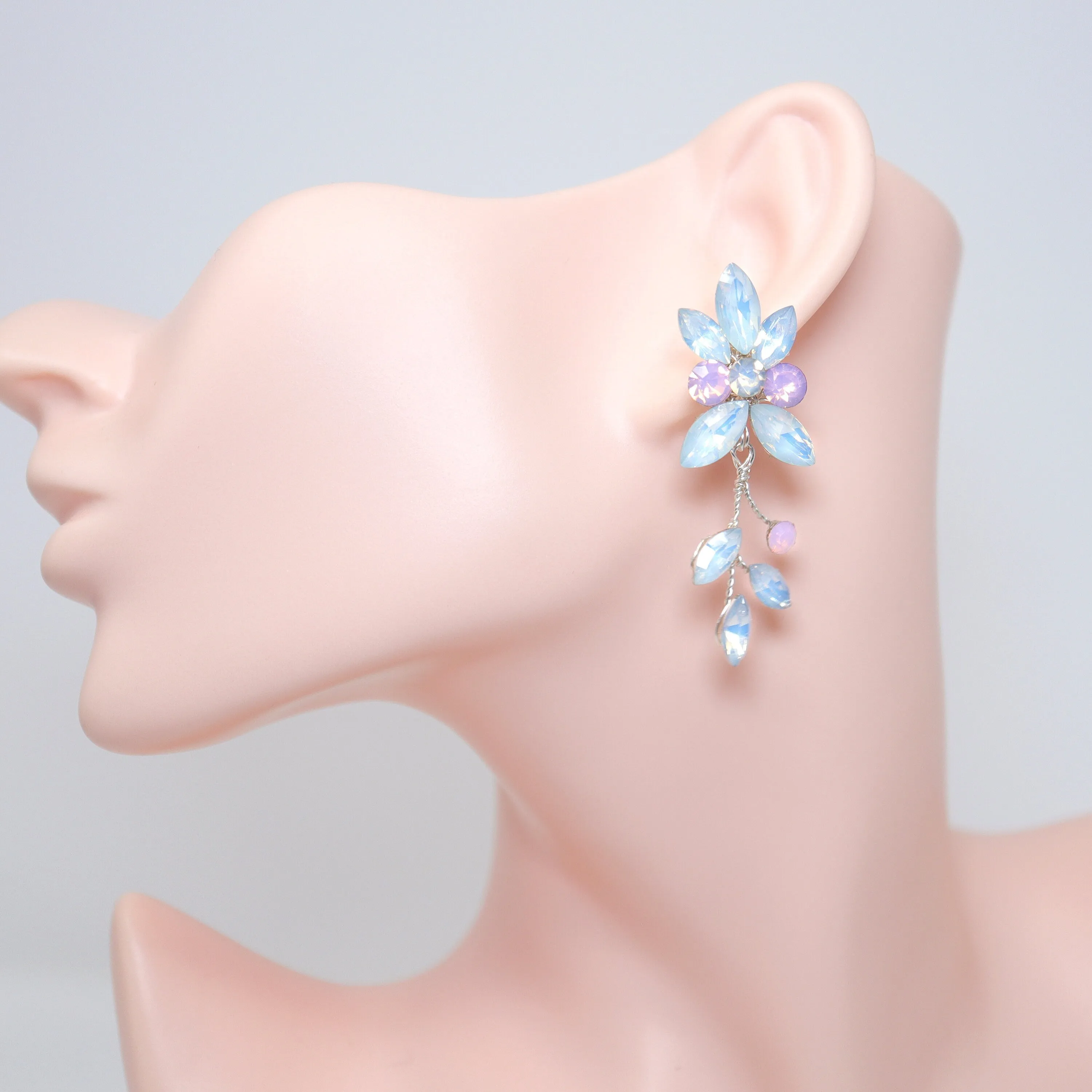 Pink and Blue Opal Vine Leaves Necklace set , Long Bridal Jewelry Crystal Necklace Bridal Earrings Statement Earrings