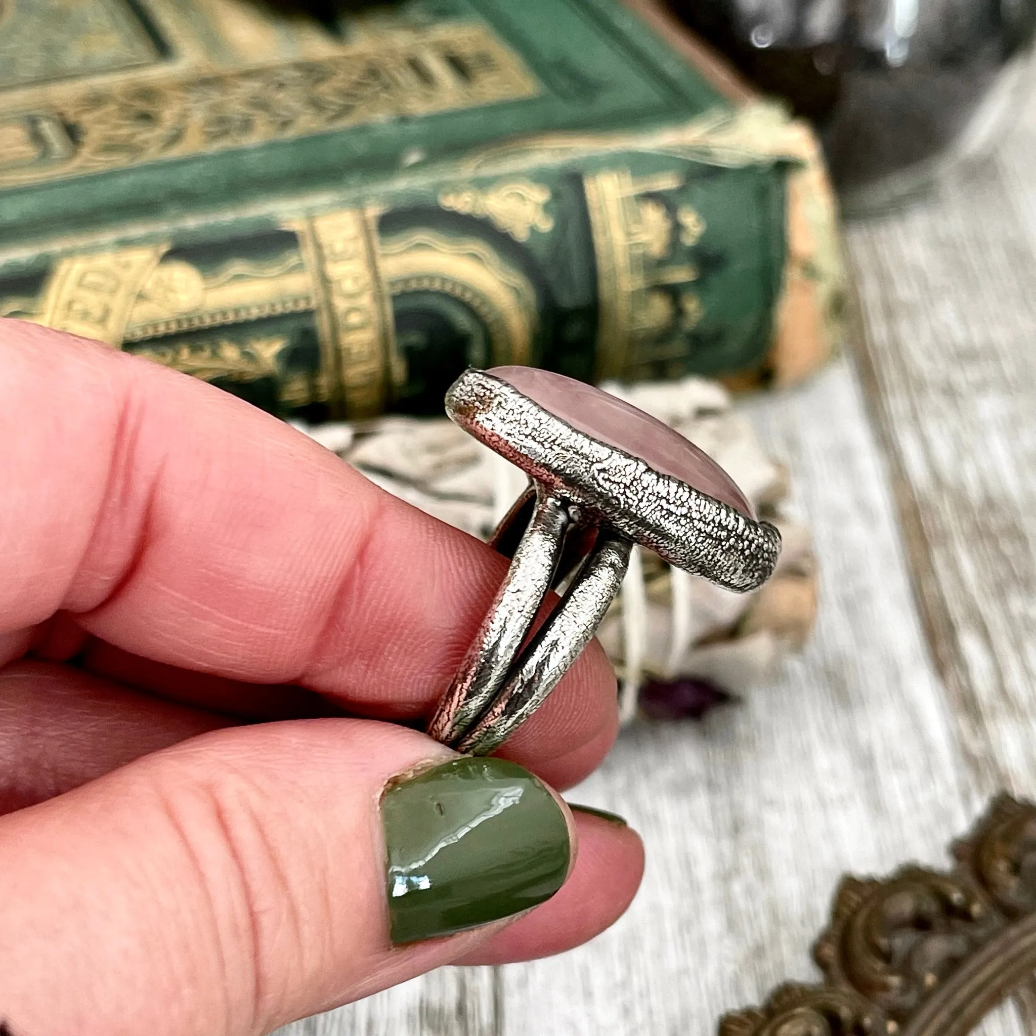 Pink Rose Quartz Ring in Fine Silver Size 6 7 8 9  / Foxlark Collection