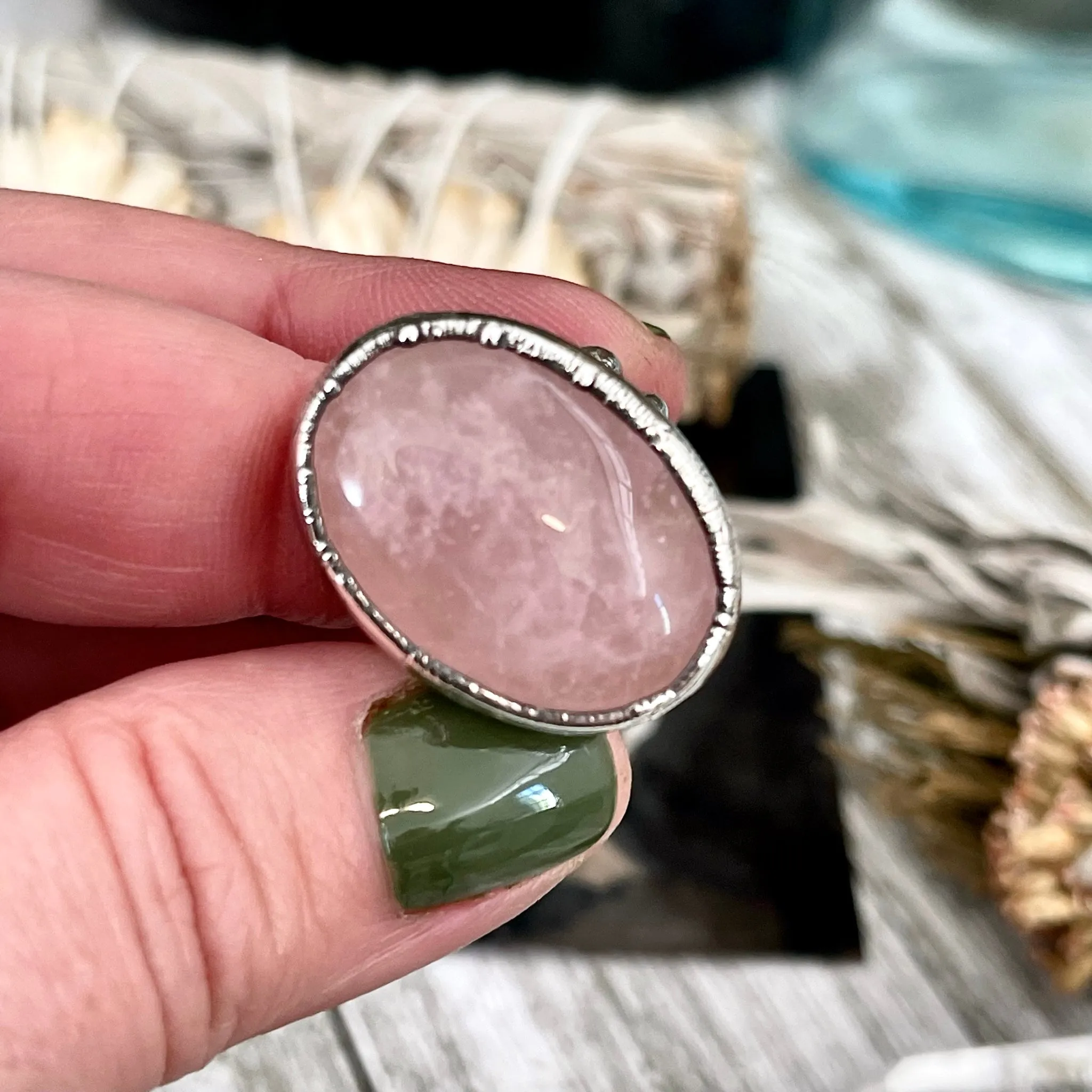 Pink Rose Quartz Ring in Fine Silver Size 6 7 8 9  / Foxlark Collection