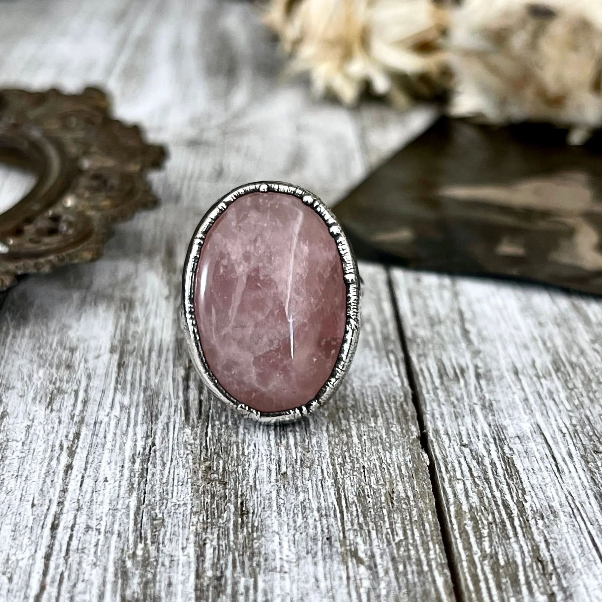 Pink Rose Quartz Ring in Fine Silver Size 6 7 8 9  / Foxlark Collection