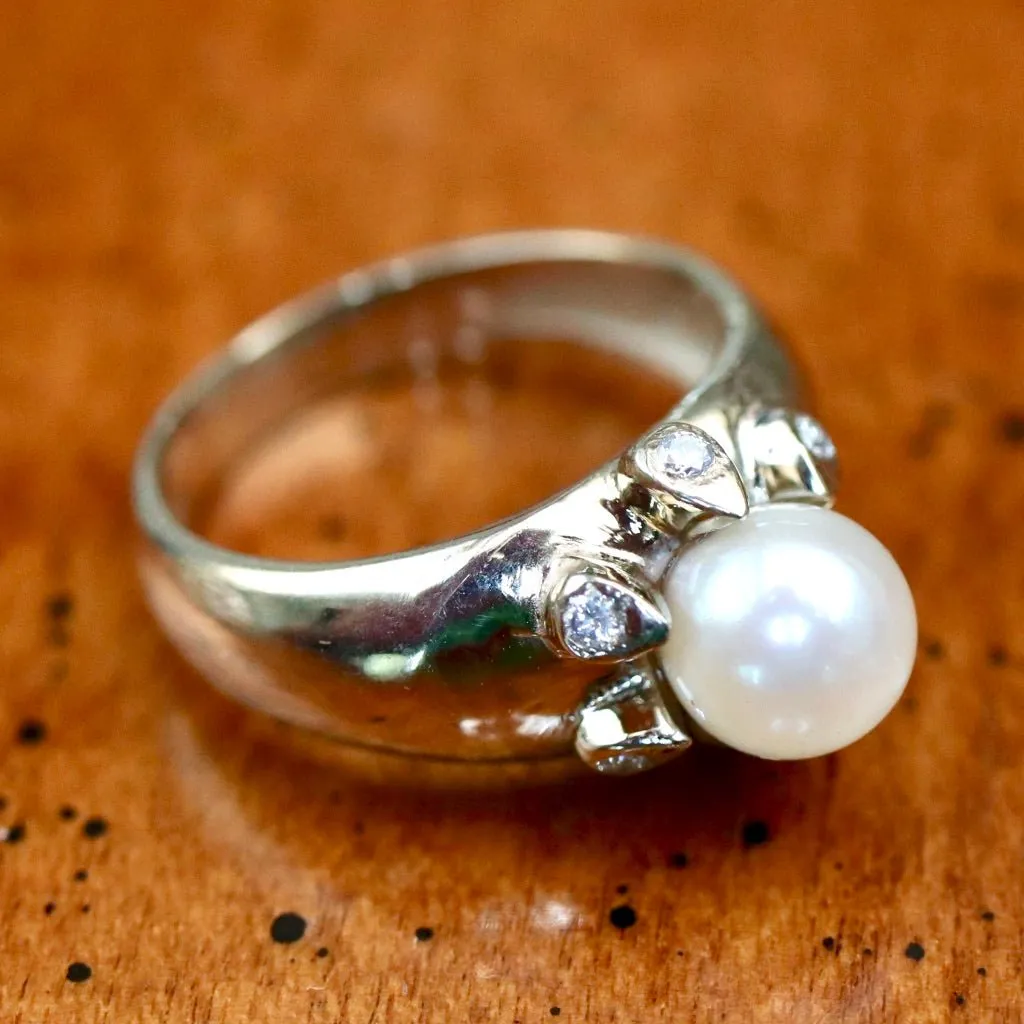 Pompeii 14k White Gold, Diamond and Pearl Ring