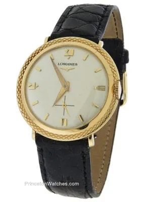 Preowned Longines Mens 14K Gold Watch - White Dial - Black Strap - Circa 1950s