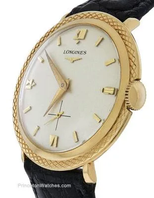 Preowned Longines Mens 14K Gold Watch - White Dial - Black Strap - Circa 1950s