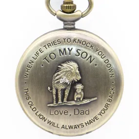 "To My Son Love Dad" Bronze Lion Quartz Necklace Chain Pendant Pocket Watch