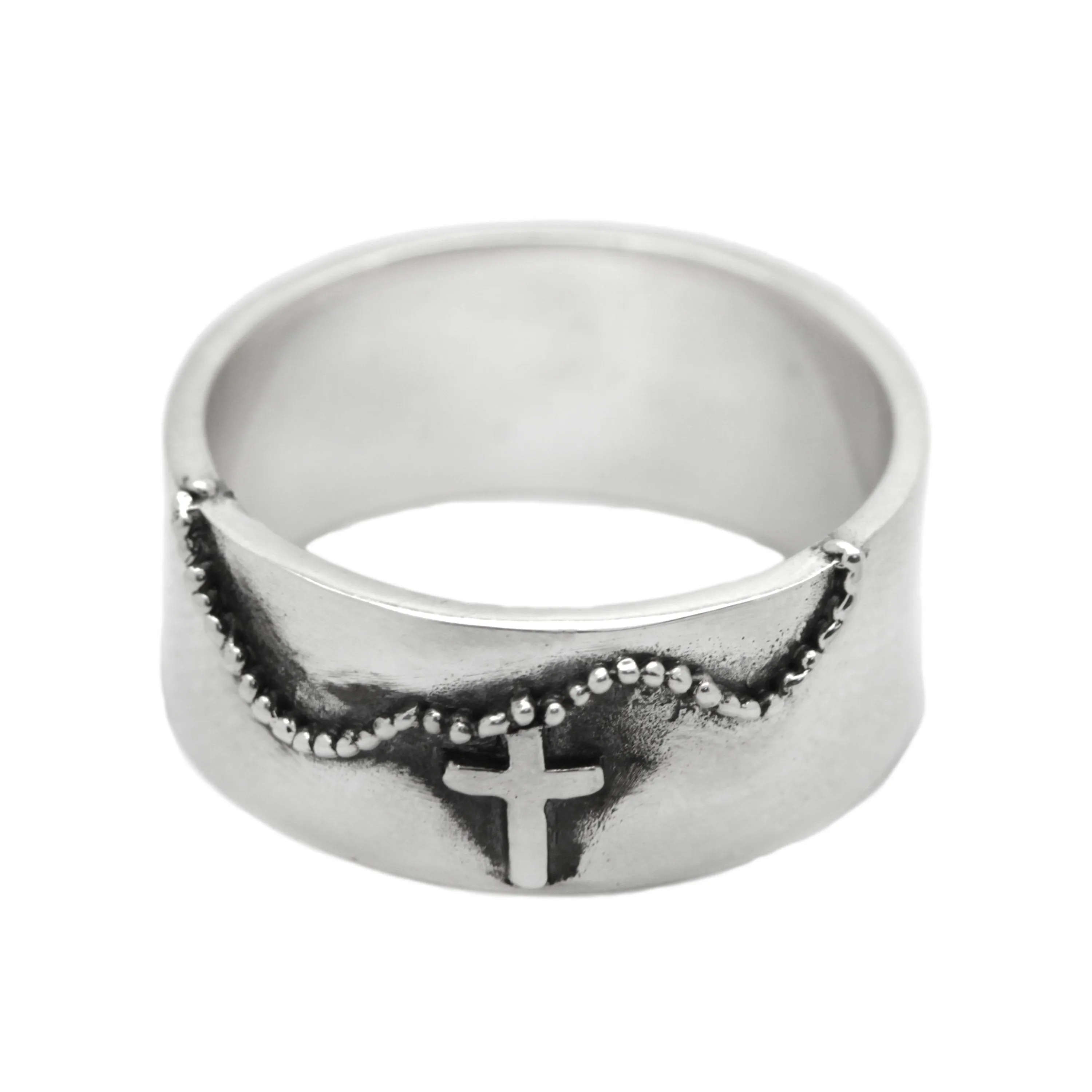 Religious Jewelry Band Engagement Mens Silver Ring with Cross on the Chain