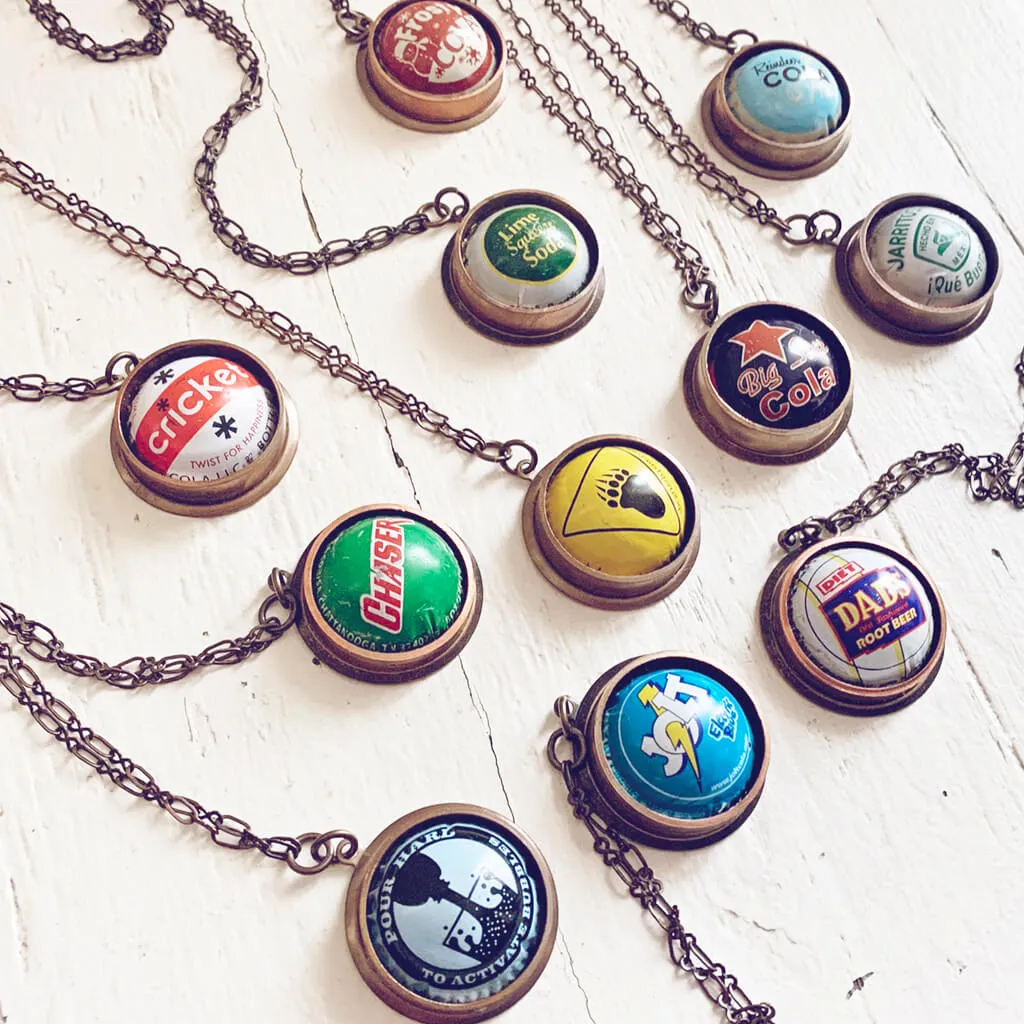 retro soda pop // vintage bottle cap and copper pipe pendant necklace