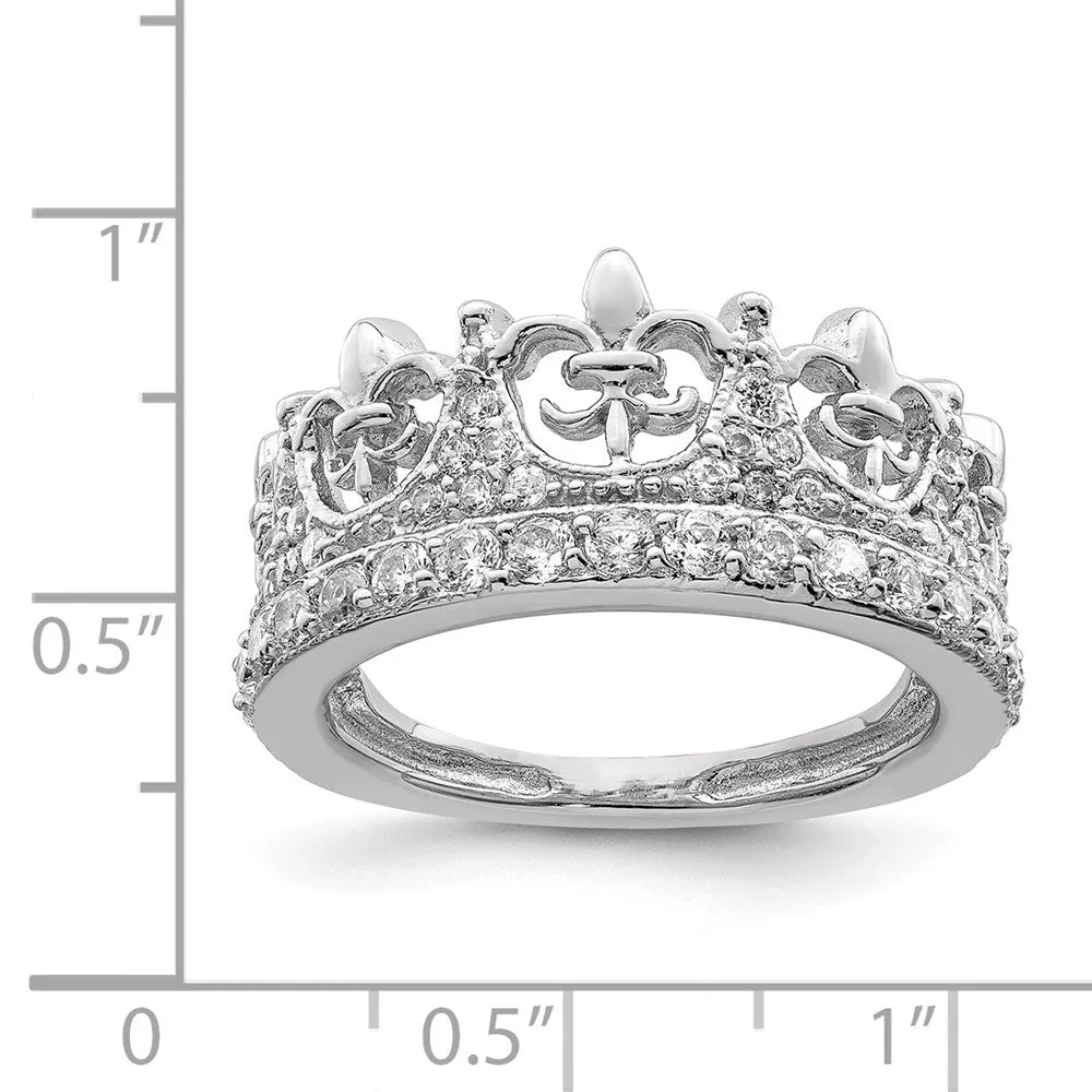 Rhodium-Plated Fleur-de-lis Crown CZ Ring in Sterling Silver