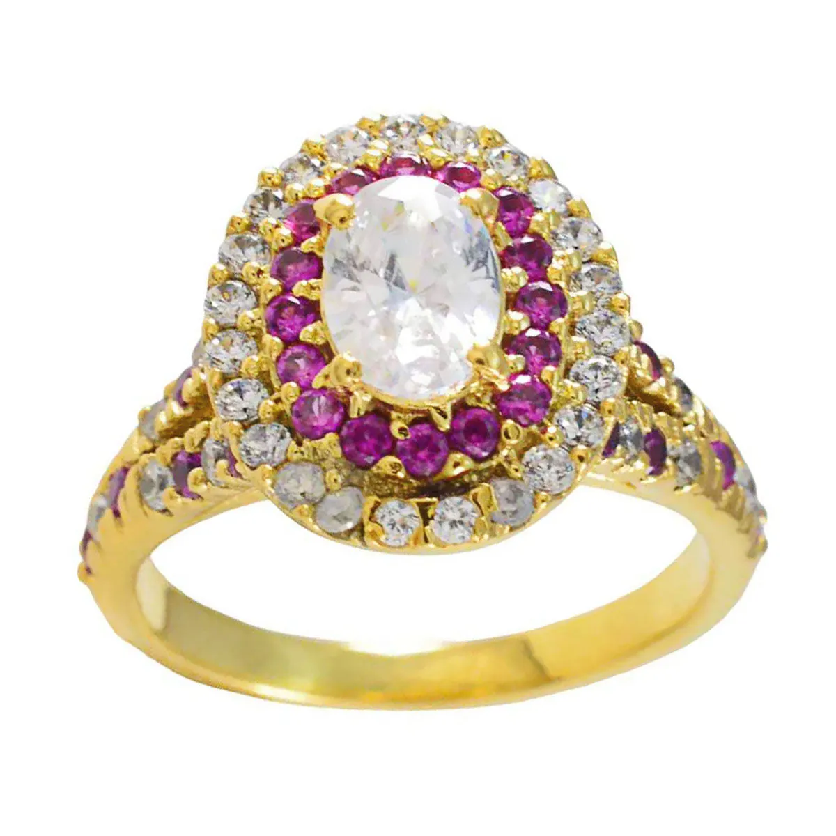 Riyo Desirable Silver Ring With Yellow Gold Plating Ruby CZ Stone Oval Shape Prong Setting Ring