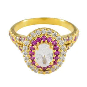 Riyo Desirable Silver Ring With Yellow Gold Plating Ruby CZ Stone Oval Shape Prong Setting Ring