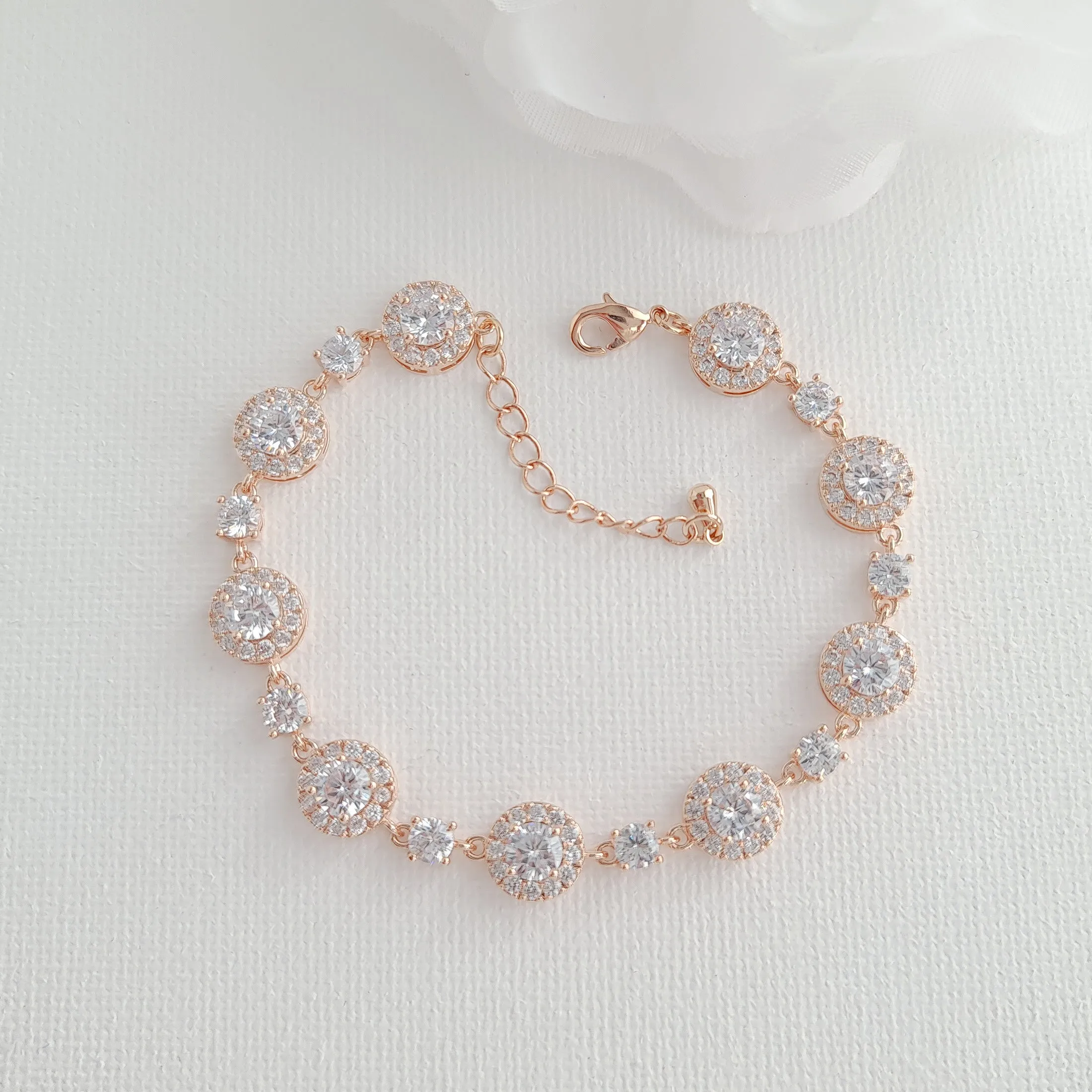 Round Halo CZ Bracelet and Earrings Set for Brides-Reagan