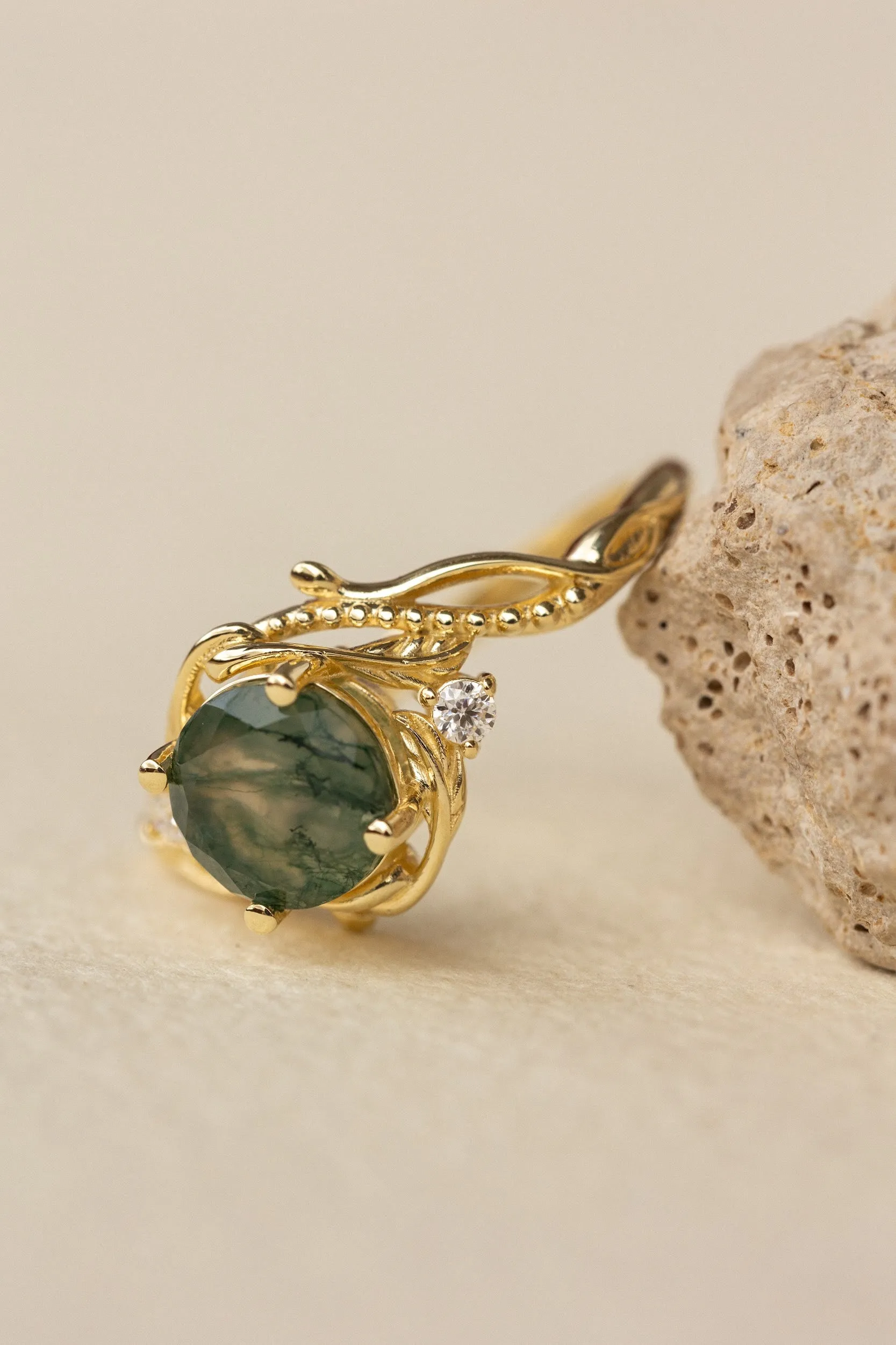 Round moss agate engagement ring with accent diamonds, nature themed proposal ring with diamonds  / Undina