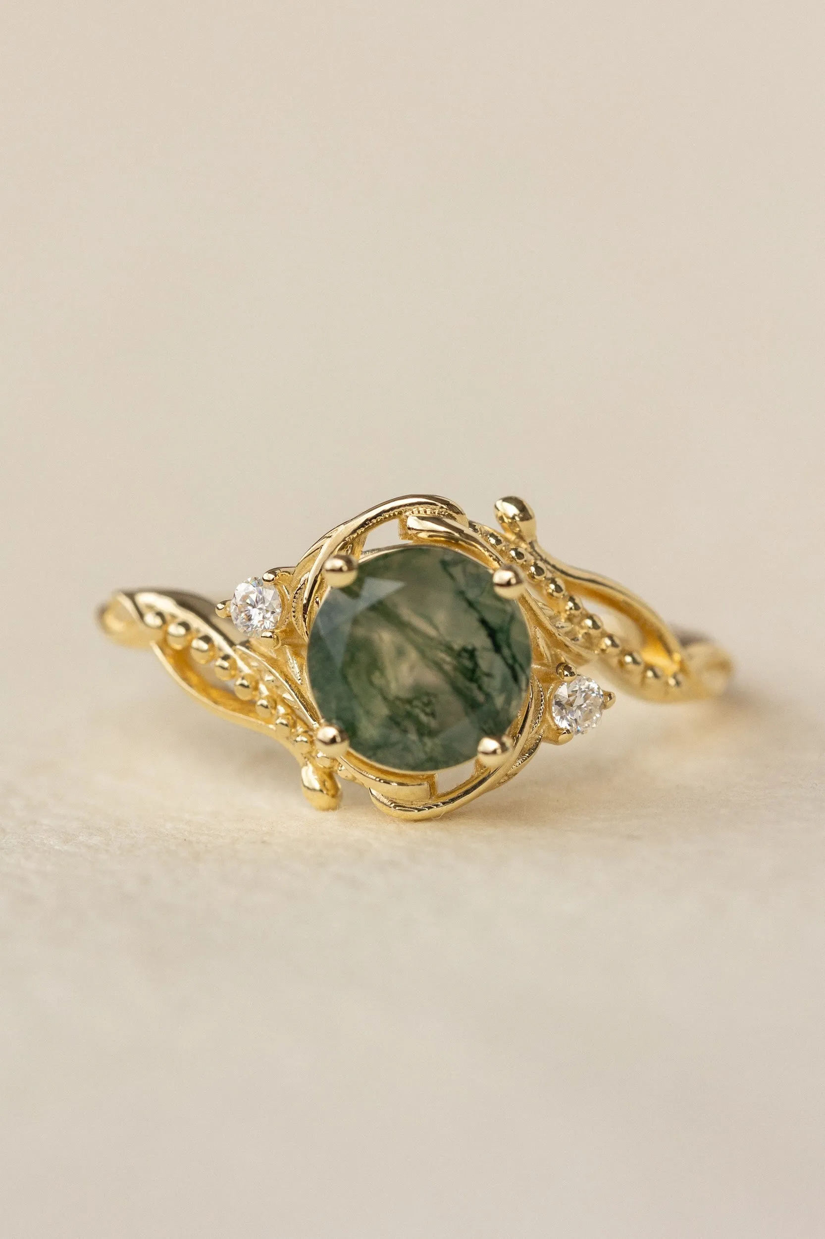 Round moss agate engagement ring with accent diamonds, nature themed proposal ring with diamonds  / Undina