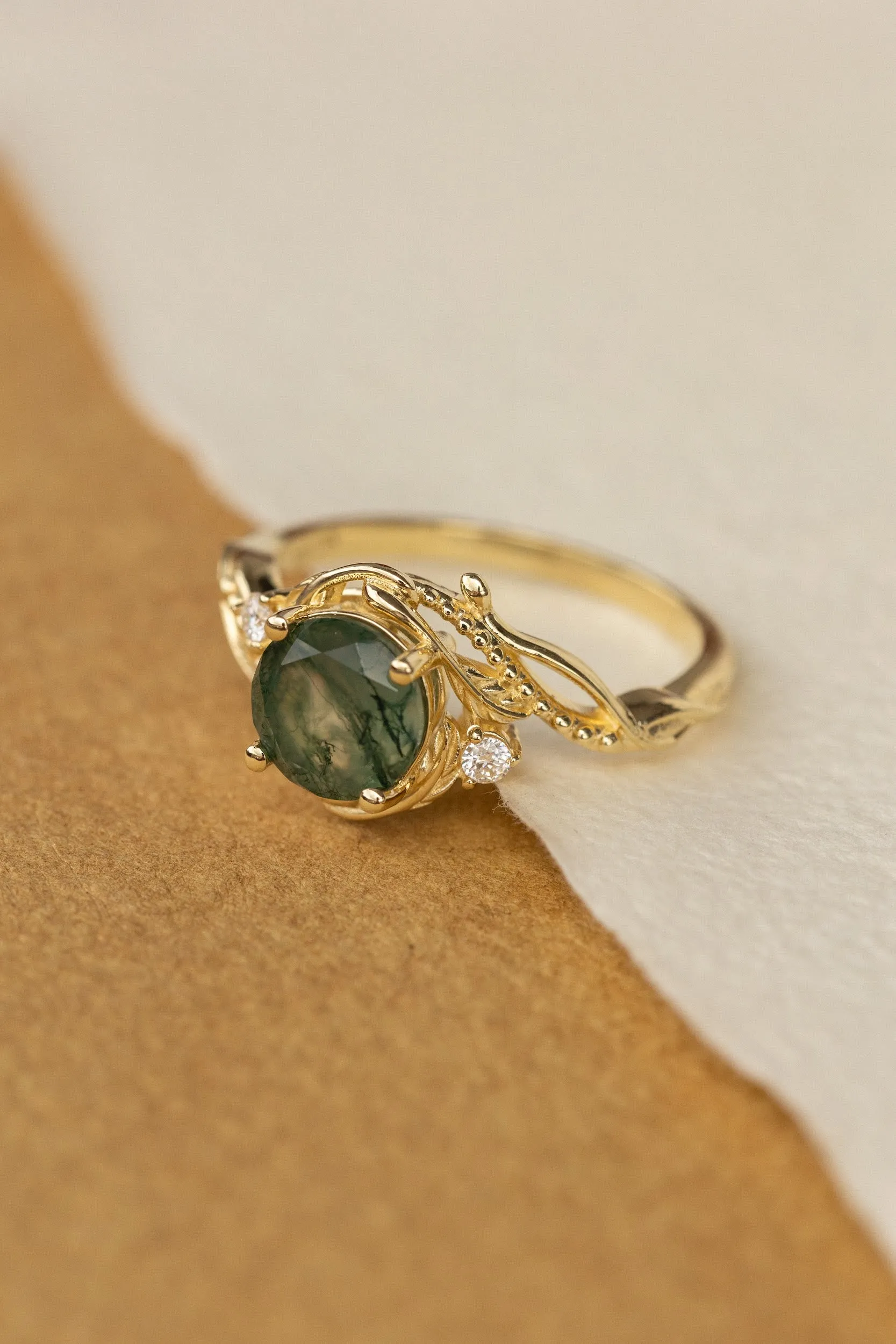 Round moss agate engagement ring with accent diamonds, nature themed proposal ring with diamonds  / Undina