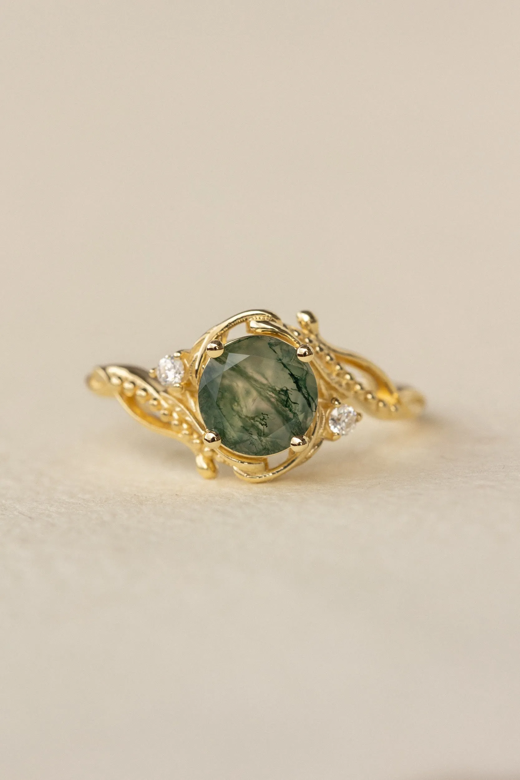 Round moss agate engagement ring with accent diamonds, nature themed proposal ring with diamonds  / Undina