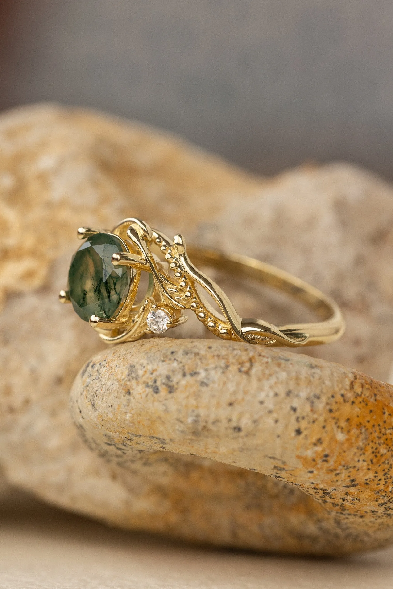 Round moss agate engagement ring with accent diamonds, nature themed proposal ring with diamonds  / Undina