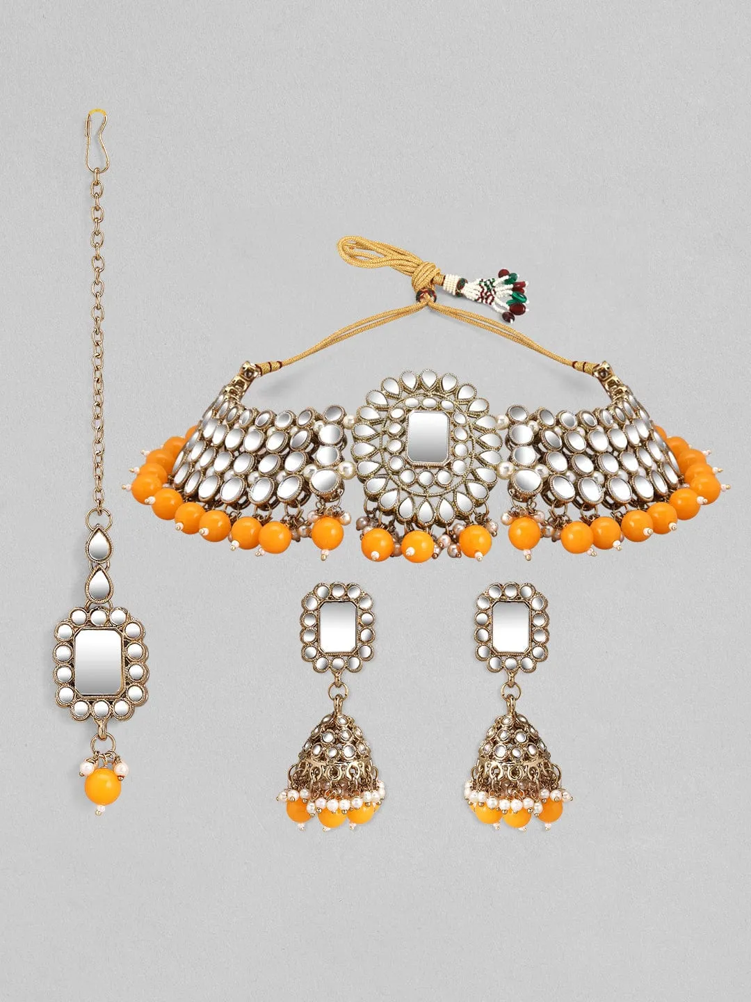 Rubans Gold Plated Mirror Studded Yellow Beads Necklace Set.