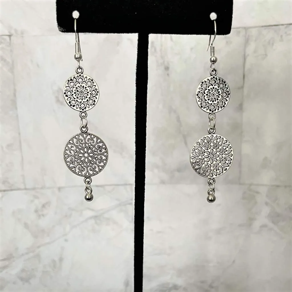 Silver Double Disc Drop Earrings