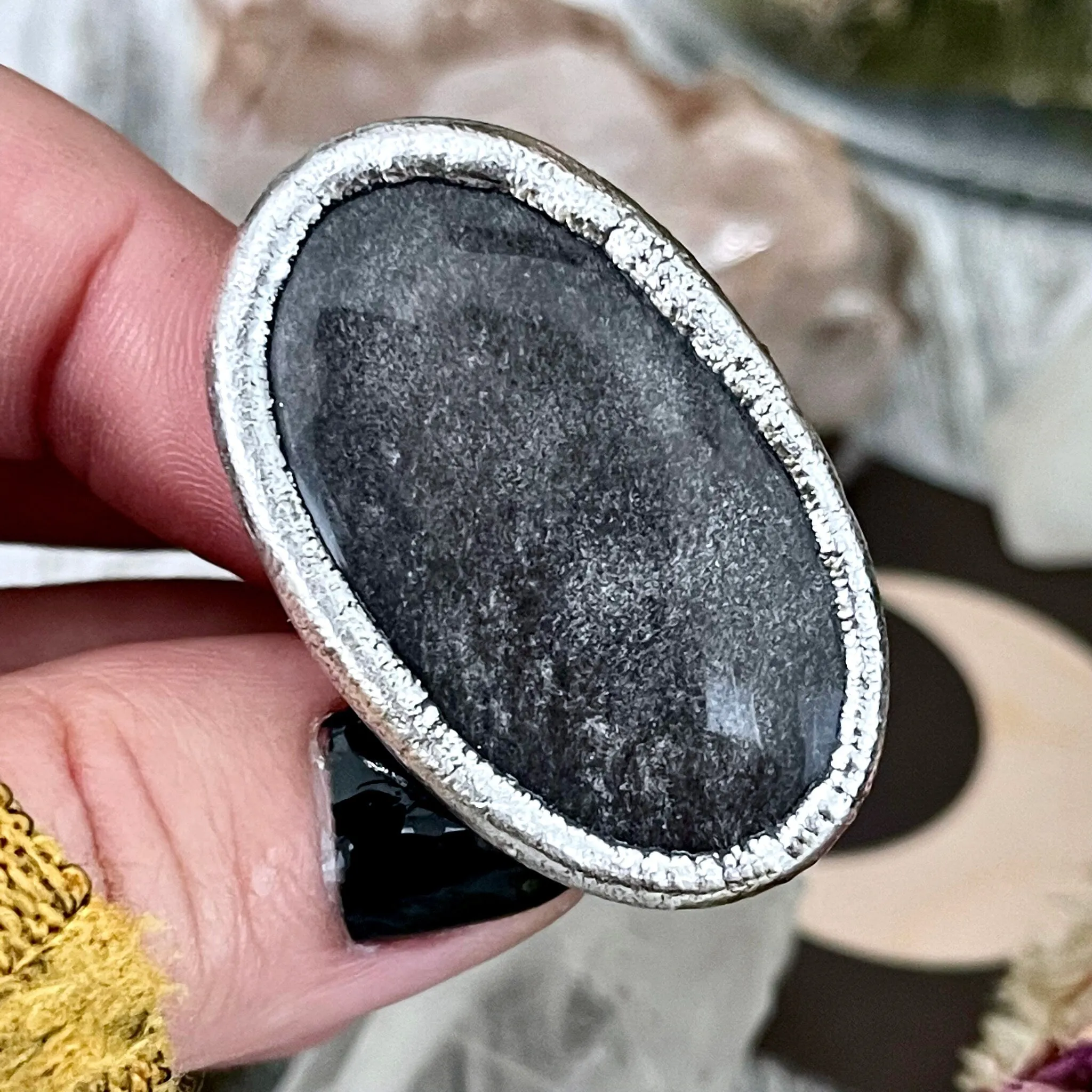 Size 6.5 Silver Sheen Obsidian Statement Ring in fine Silver / Foxlark Collection - One of a Kind