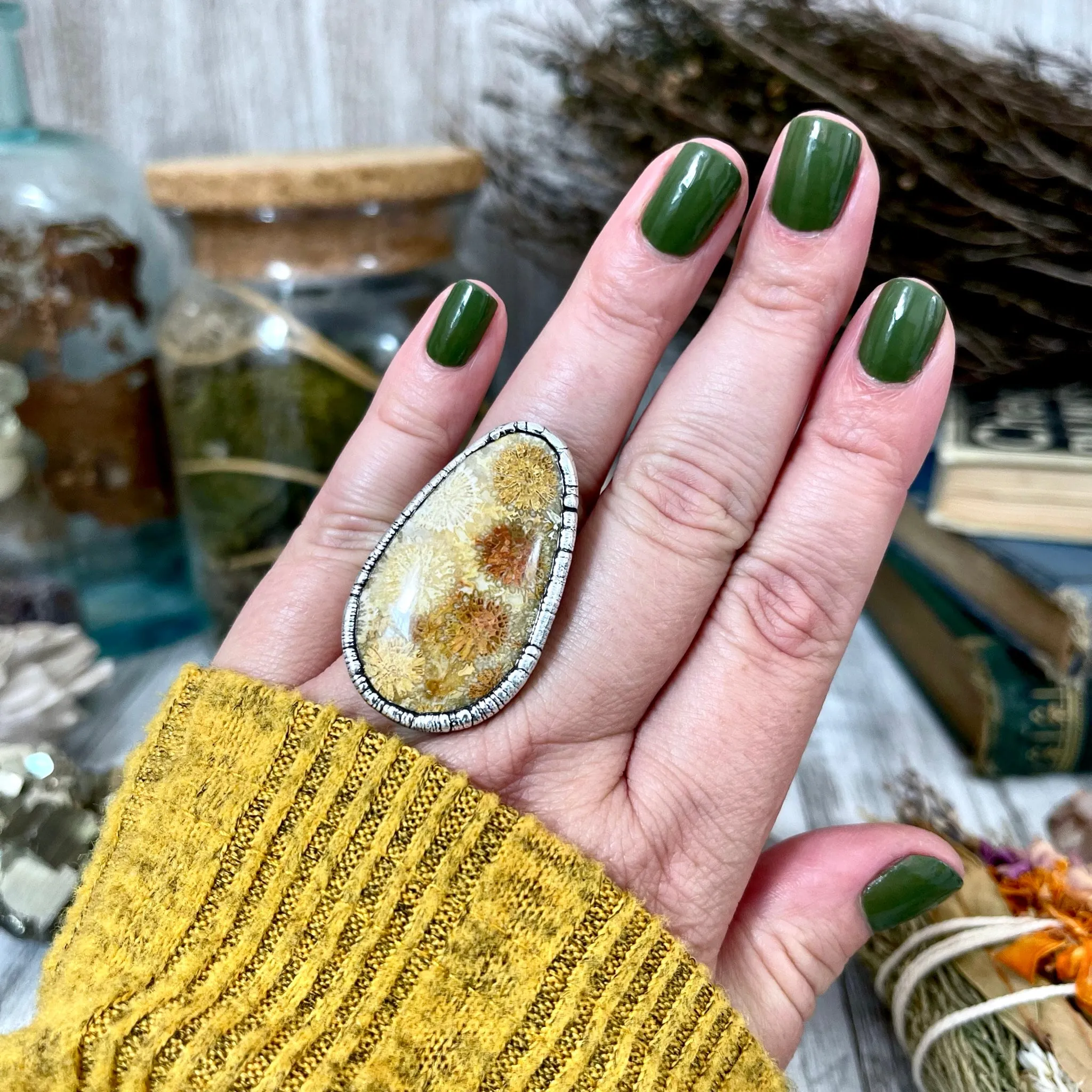 Size 7.5 Fossilized Coral Silver Statement Ring in Fine Silver / Foxlark Collection - One of a Kind