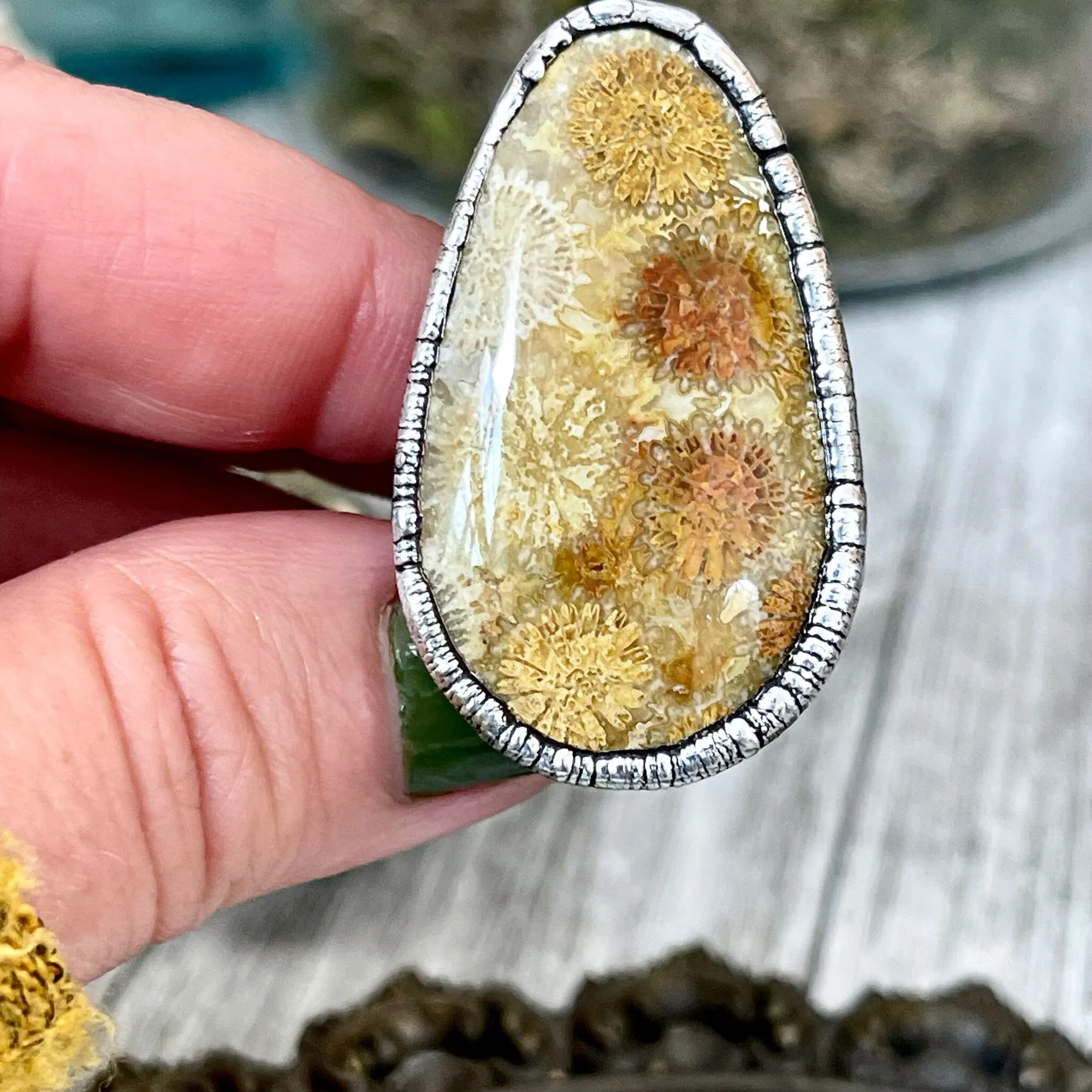 Size 7.5 Fossilized Coral Silver Statement Ring in Fine Silver / Foxlark Collection - One of a Kind