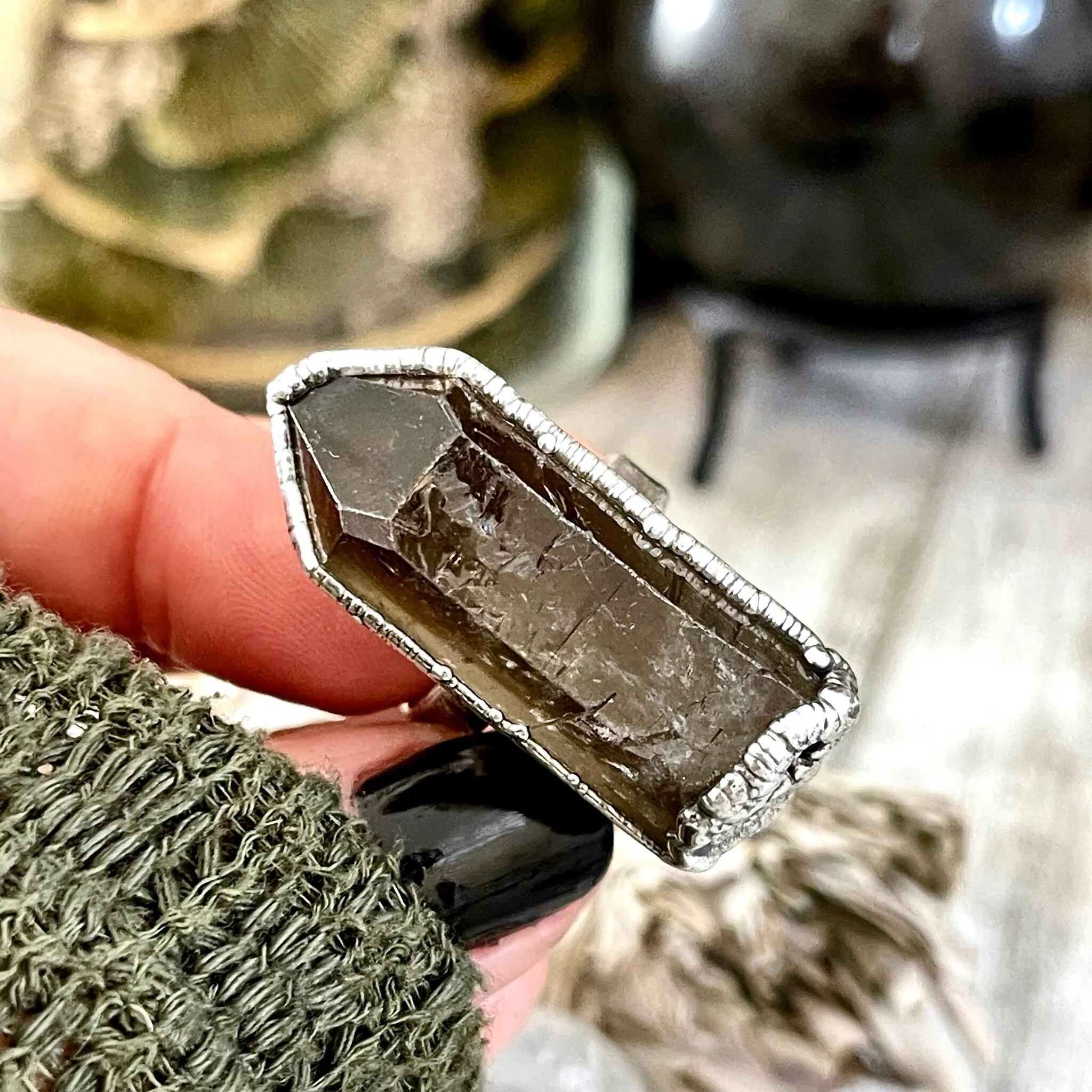 Size 7.5 Raw Smoky Quartz Crystal Cluster Ring Set in Fine Silver / Foxlark Collection - One of a Kind