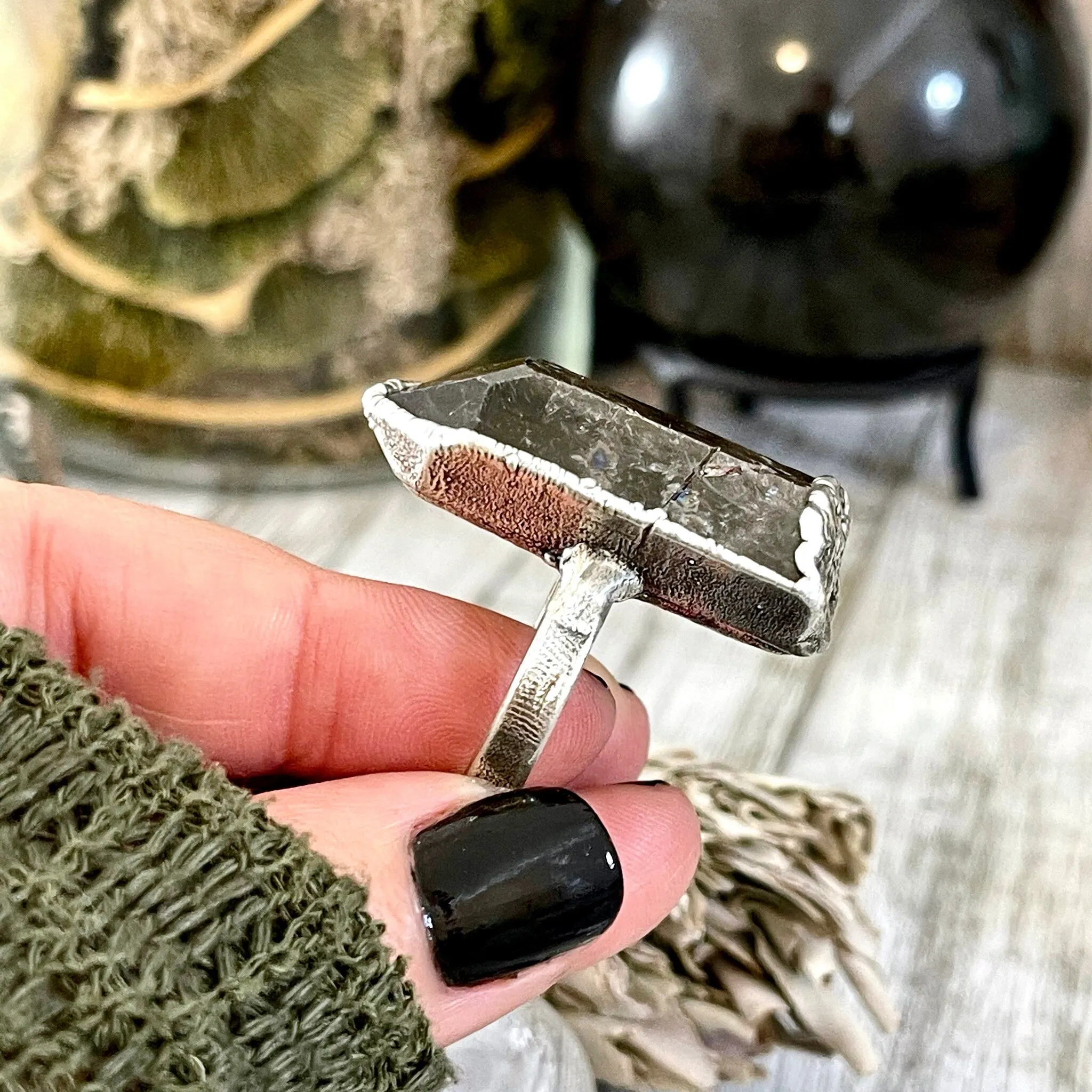 Size 7.5 Raw Smoky Quartz Crystal Cluster Ring Set in Fine Silver / Foxlark Collection - One of a Kind