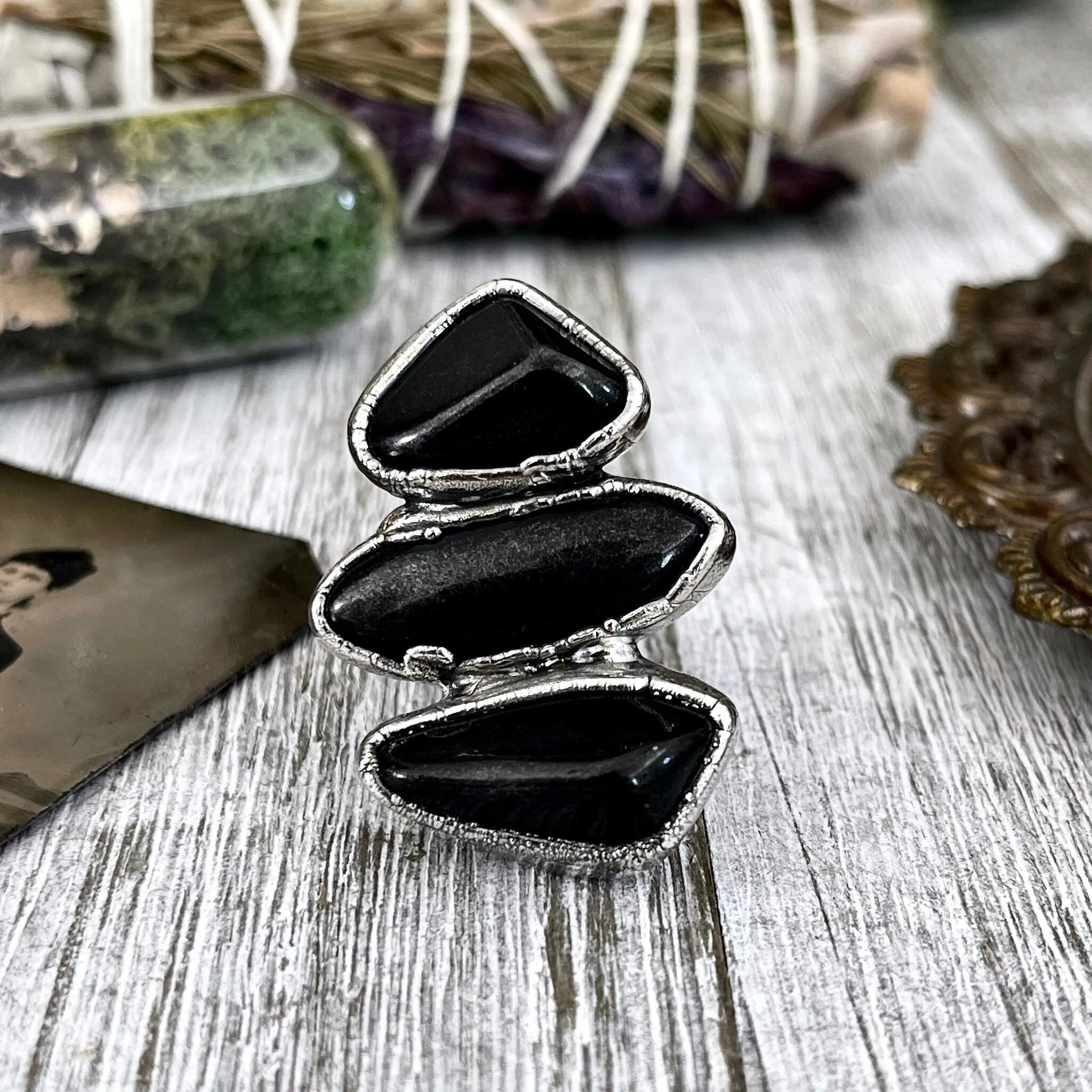 Size 8 Crystal Ring - Three Stone Ring Black Onyx Ring in Silver / Foxlark Collection - One of a Kind