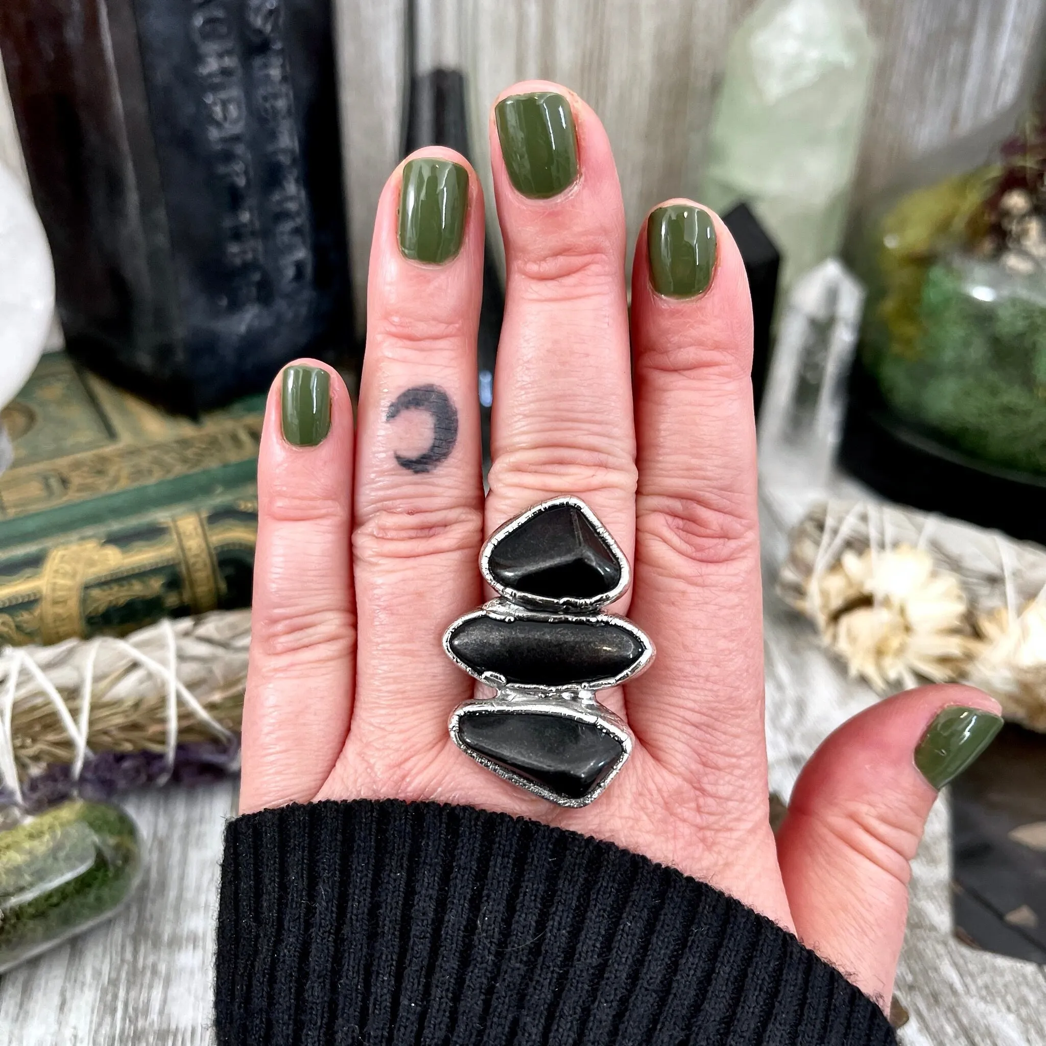 Size 8 Crystal Ring - Three Stone Ring Black Onyx Ring in Silver / Foxlark Collection - One of a Kind