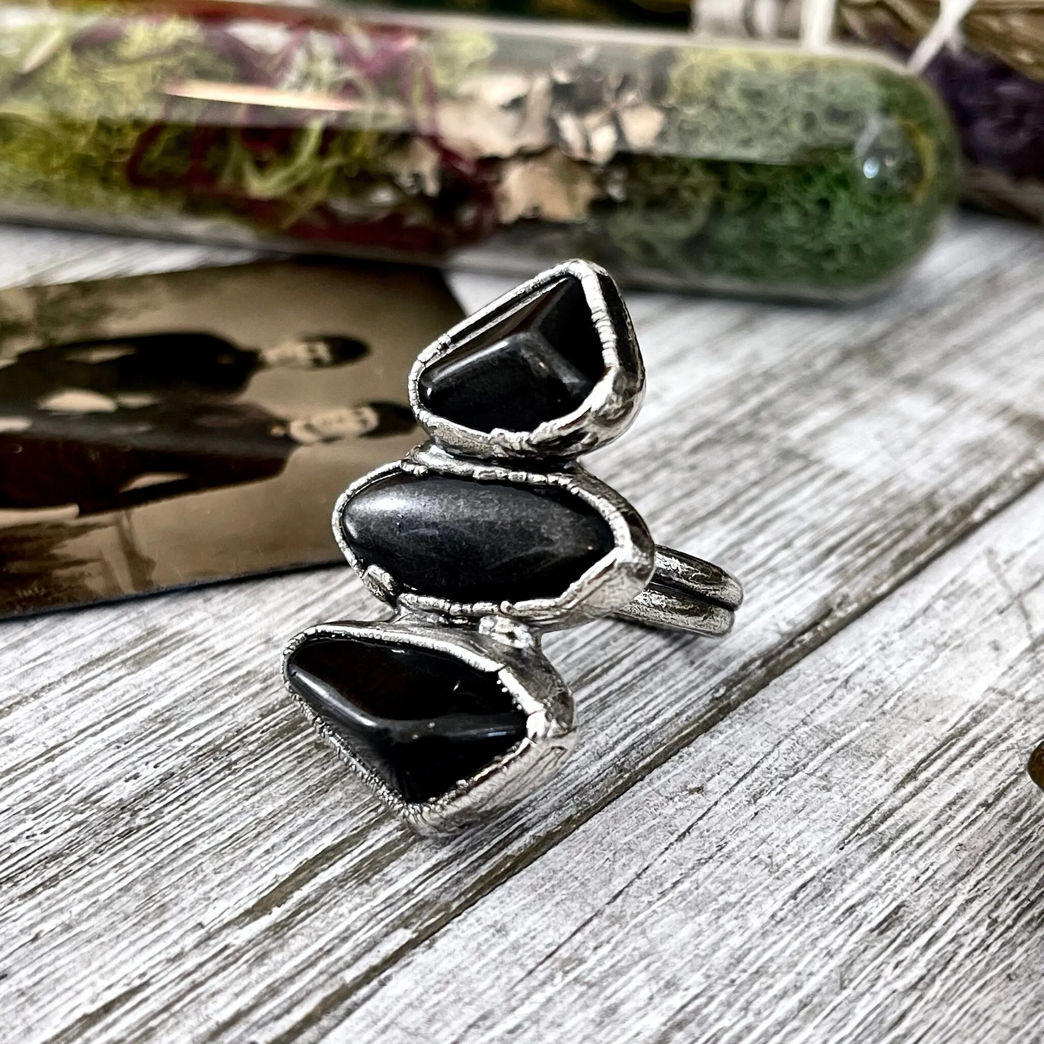 Size 8 Crystal Ring - Three Stone Ring Black Onyx Ring in Silver / Foxlark Collection - One of a Kind