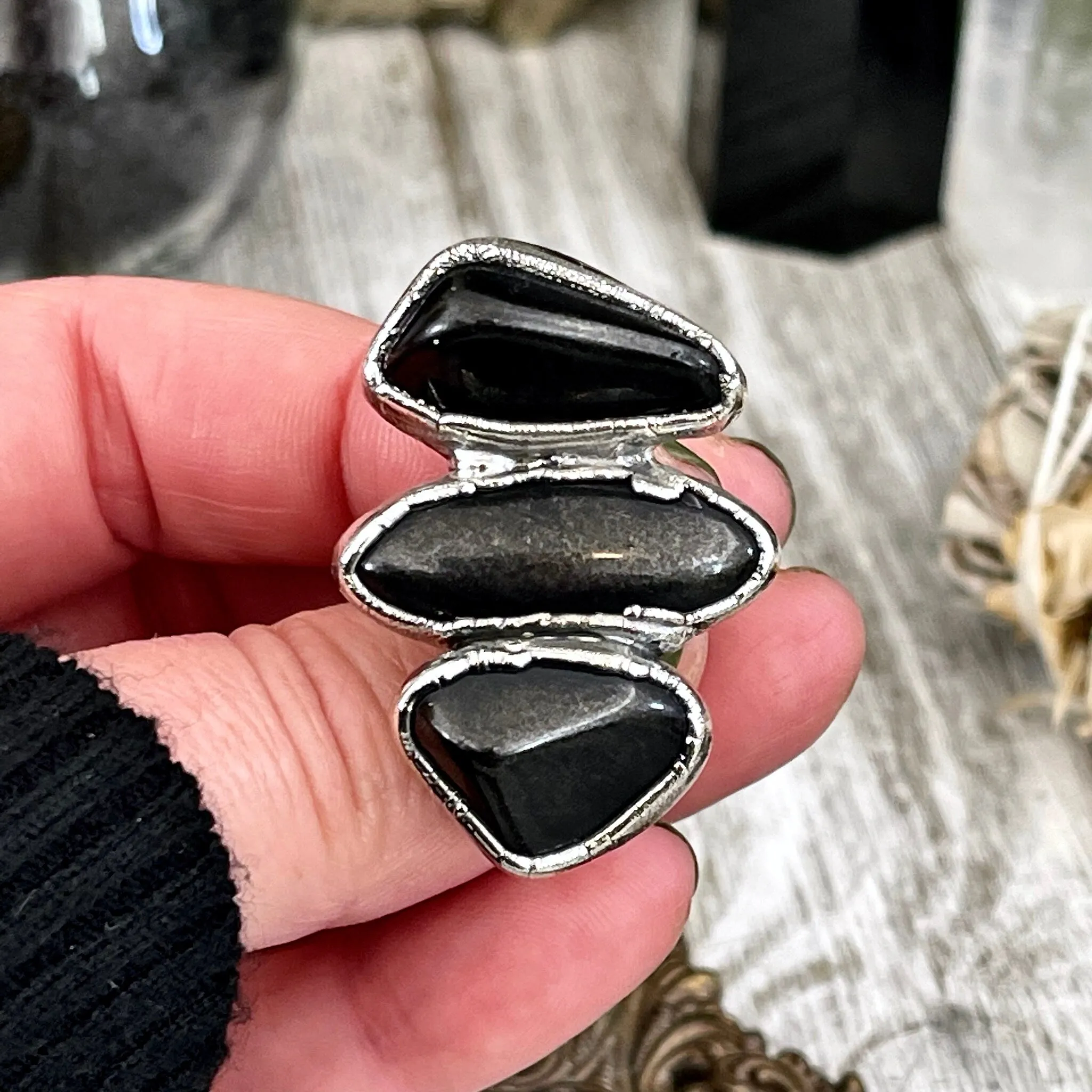 Size 8 Crystal Ring - Three Stone Ring Black Onyx Ring in Silver / Foxlark Collection - One of a Kind