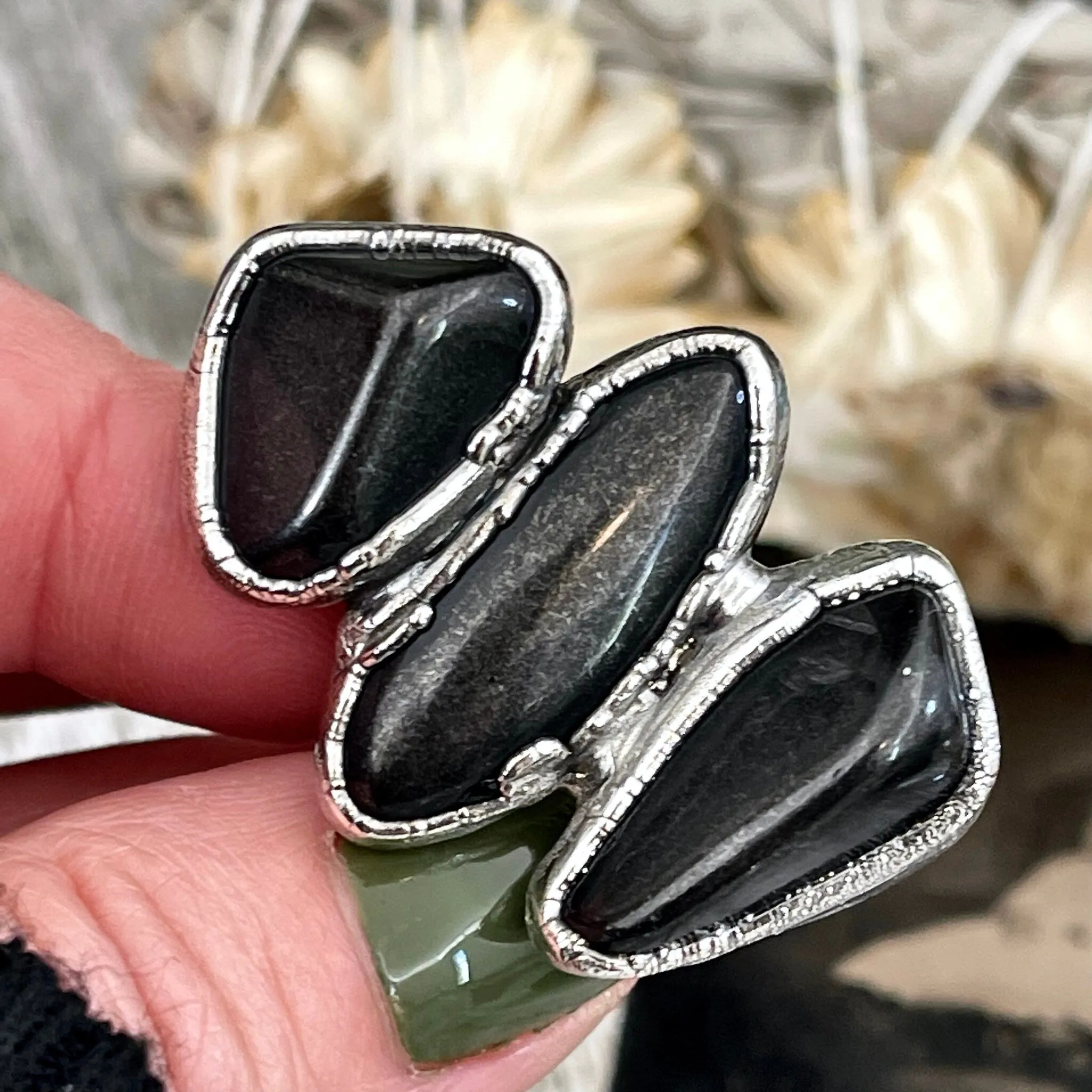 Size 8 Crystal Ring - Three Stone Ring Black Onyx Ring in Silver / Foxlark Collection - One of a Kind