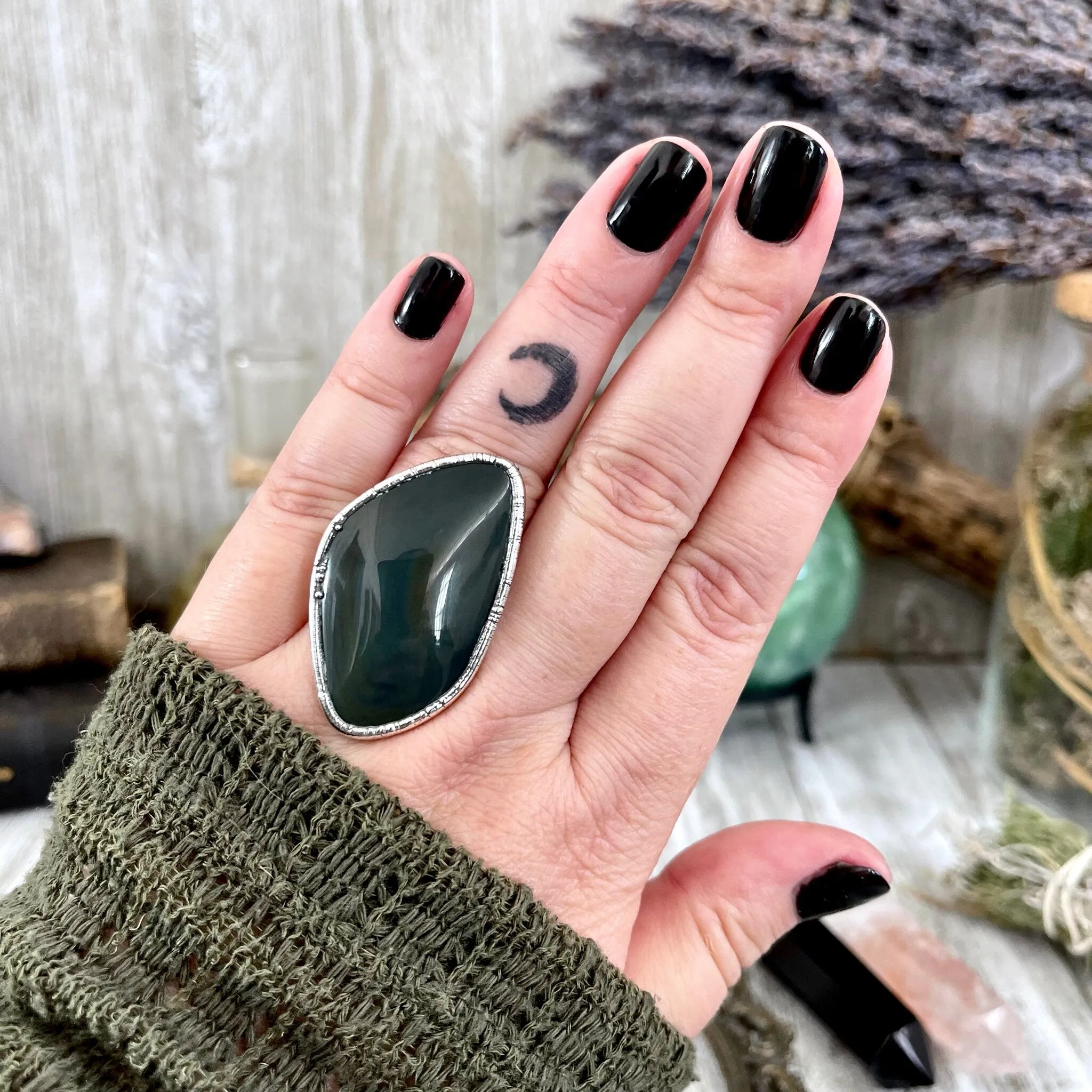 Size 8 Natural Grey - Rainbow Obsidian Ring in Fine Silver / Foxlark Collection - One of a Kind