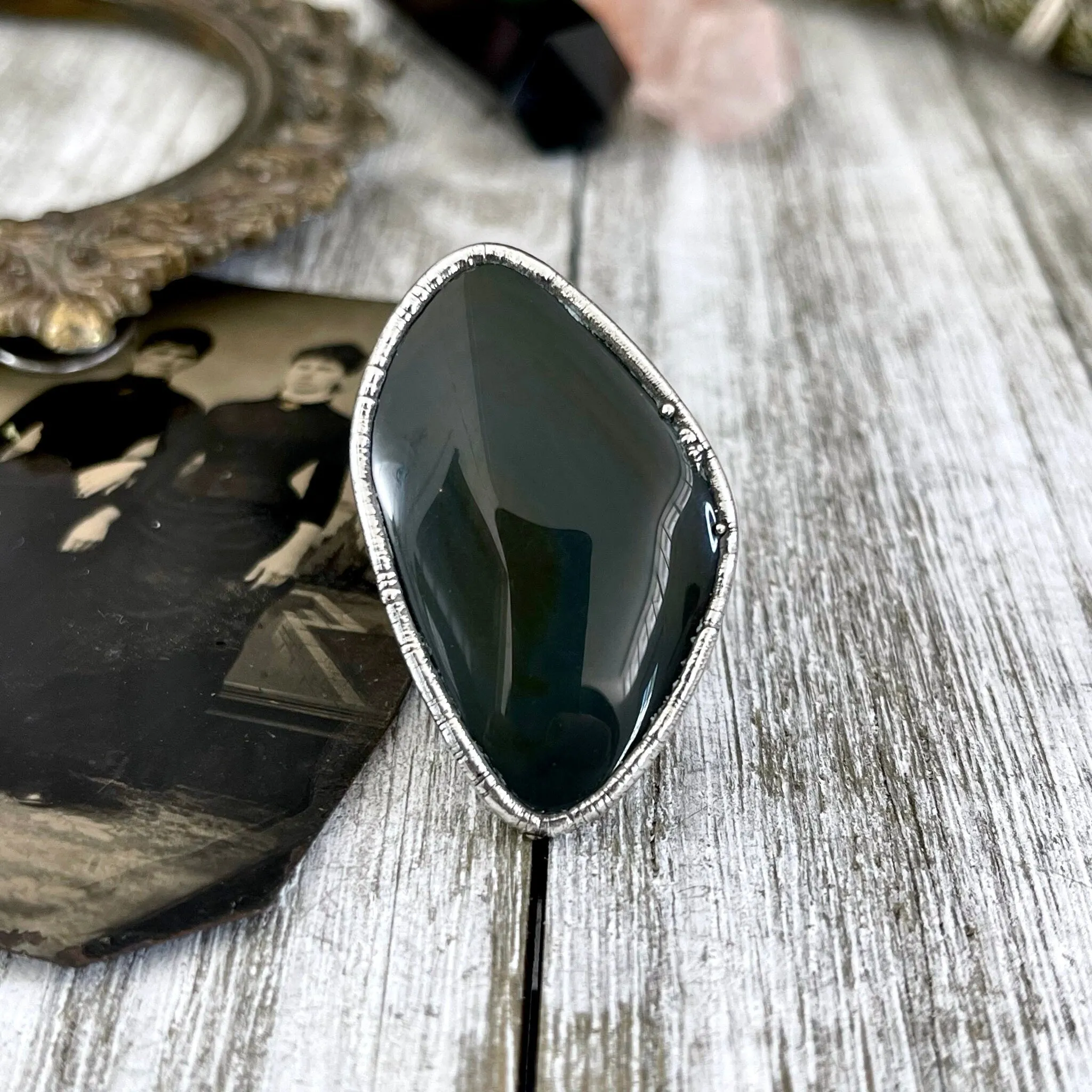 Size 8 Natural Grey - Rainbow Obsidian Ring in Fine Silver / Foxlark Collection - One of a Kind