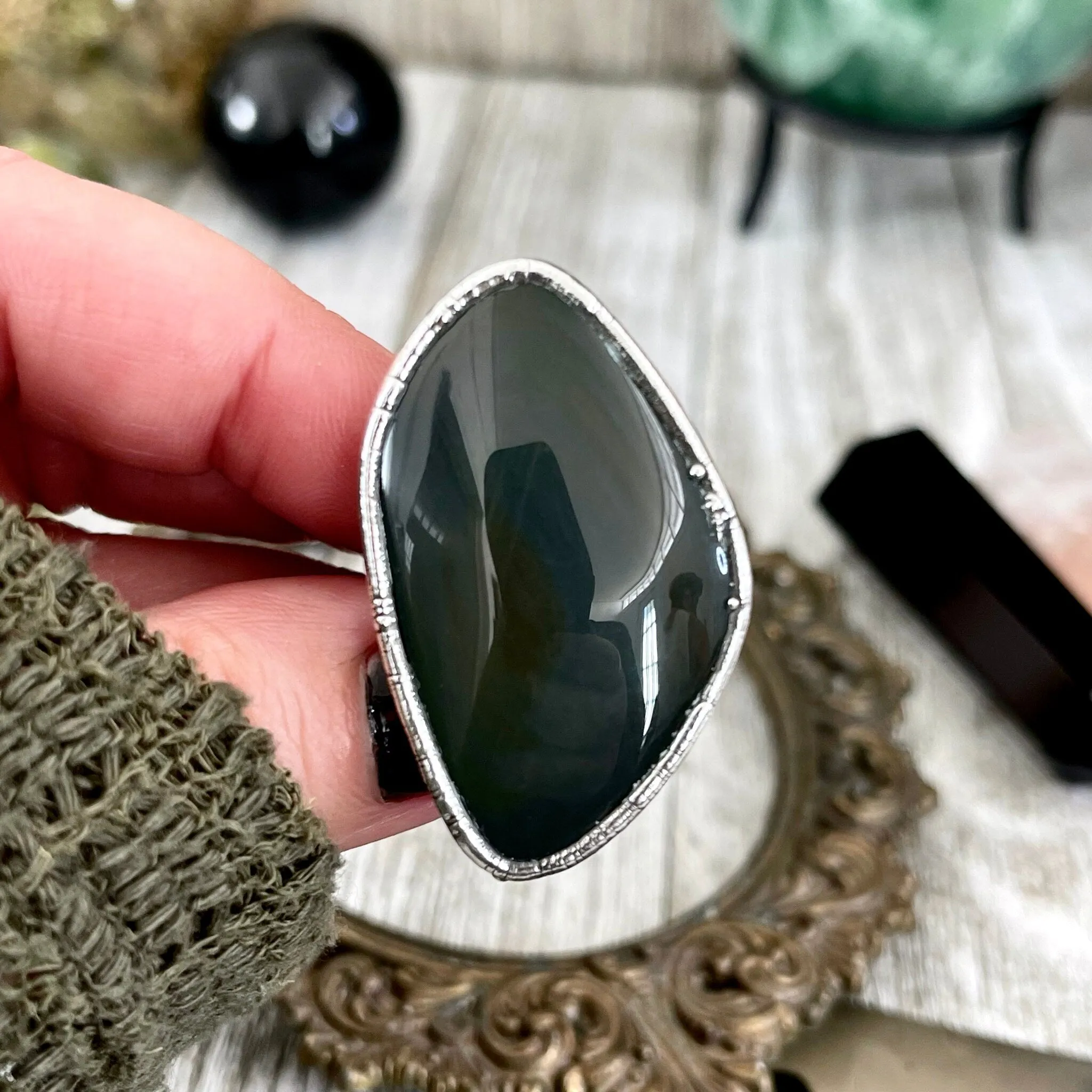 Size 8 Natural Grey - Rainbow Obsidian Ring in Fine Silver / Foxlark Collection - One of a Kind