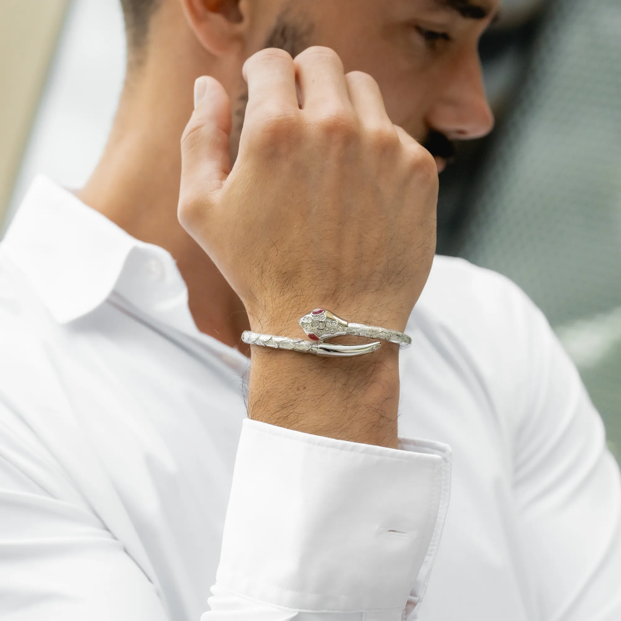 Snake Head Bracelet - Silver Python with Zircon Diamond