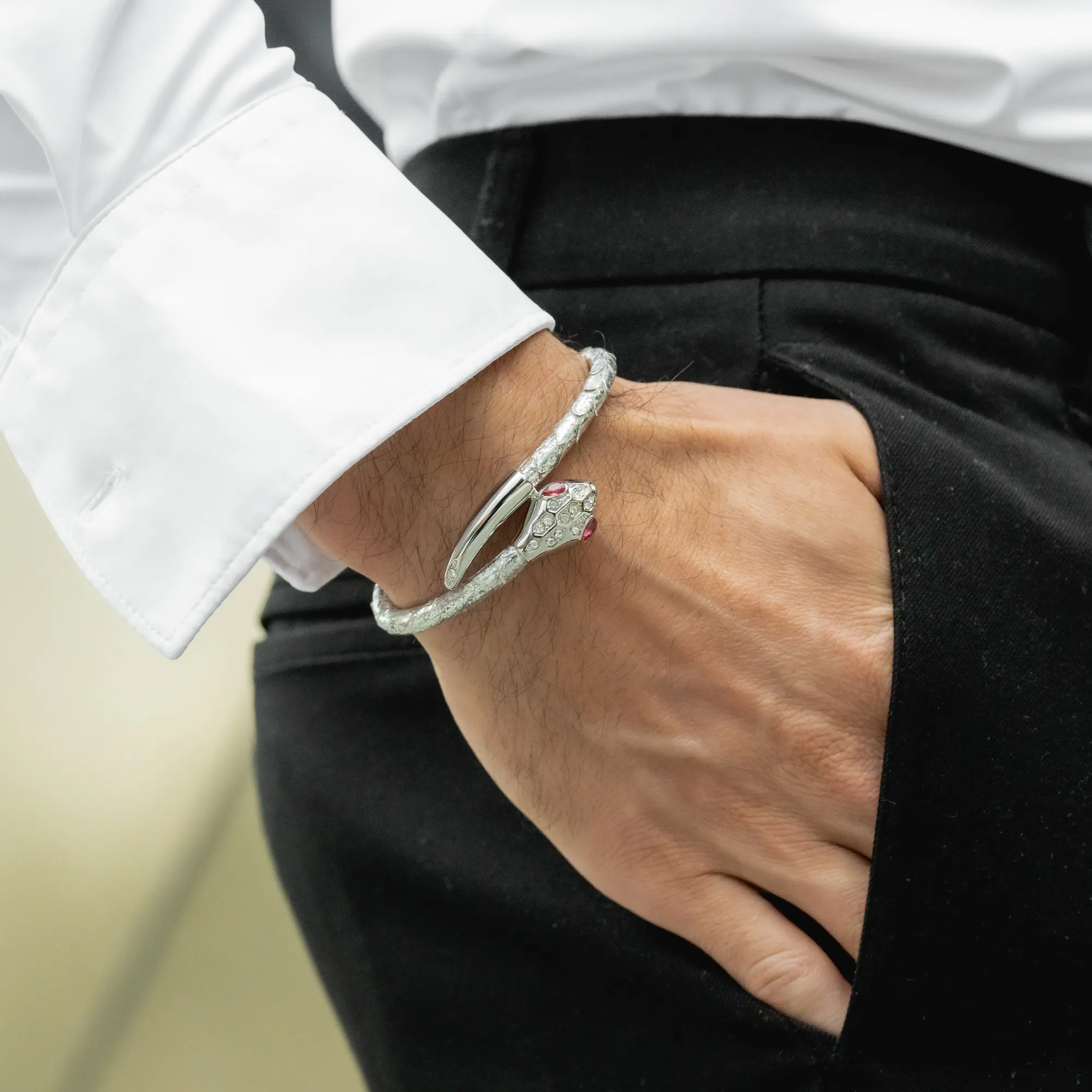 Snake Head Bracelet - Silver Python with Zircon Diamond