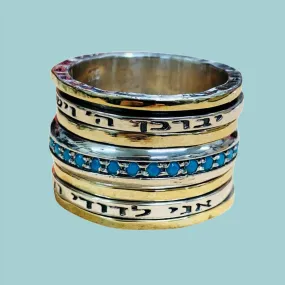 Spinner ring for woman . Hebrew Fidget Meditation ring. Love & wishes verses rings. Turquoises, opals, cz zircons