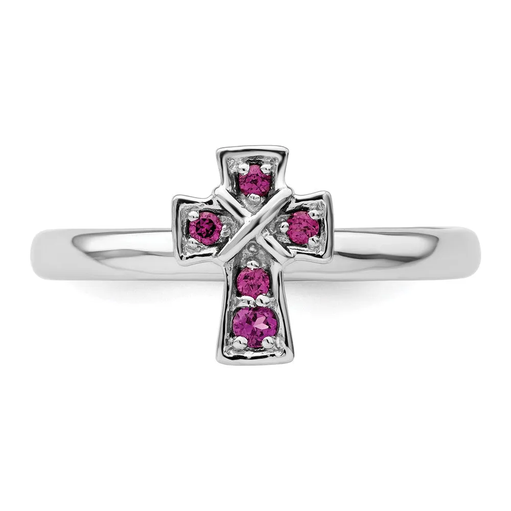 Stackable Expressions Rhodium Rhodolite Garnet Cross Ring in Sterling Silver