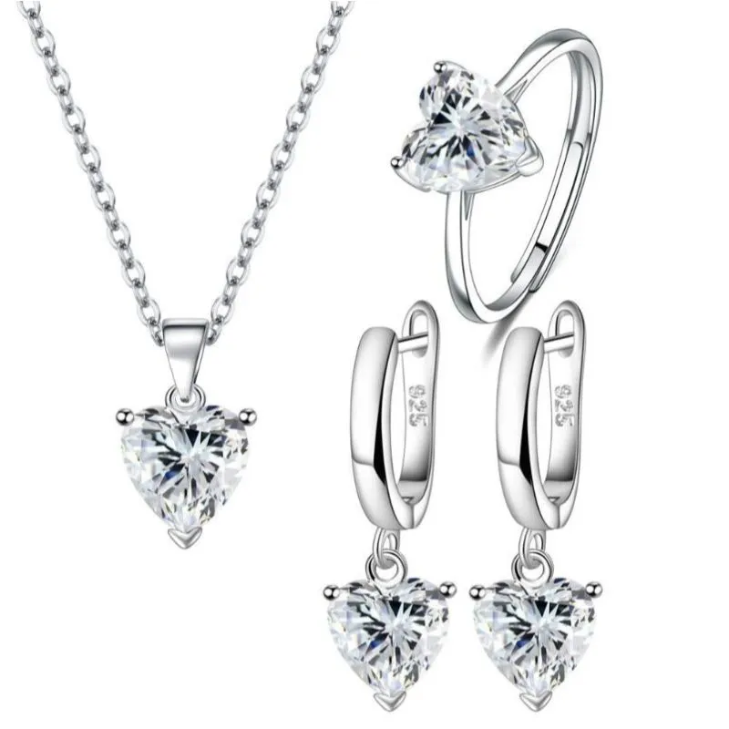 Sterling Silver Heart Aquamarine Crystal Jewelry Set For Women