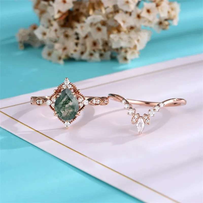 Sterling Silver Natural Moss Agate Ring Set Inspired Leaf Moss Agate Engagement Ring Set Bridal Wedding Ring Set